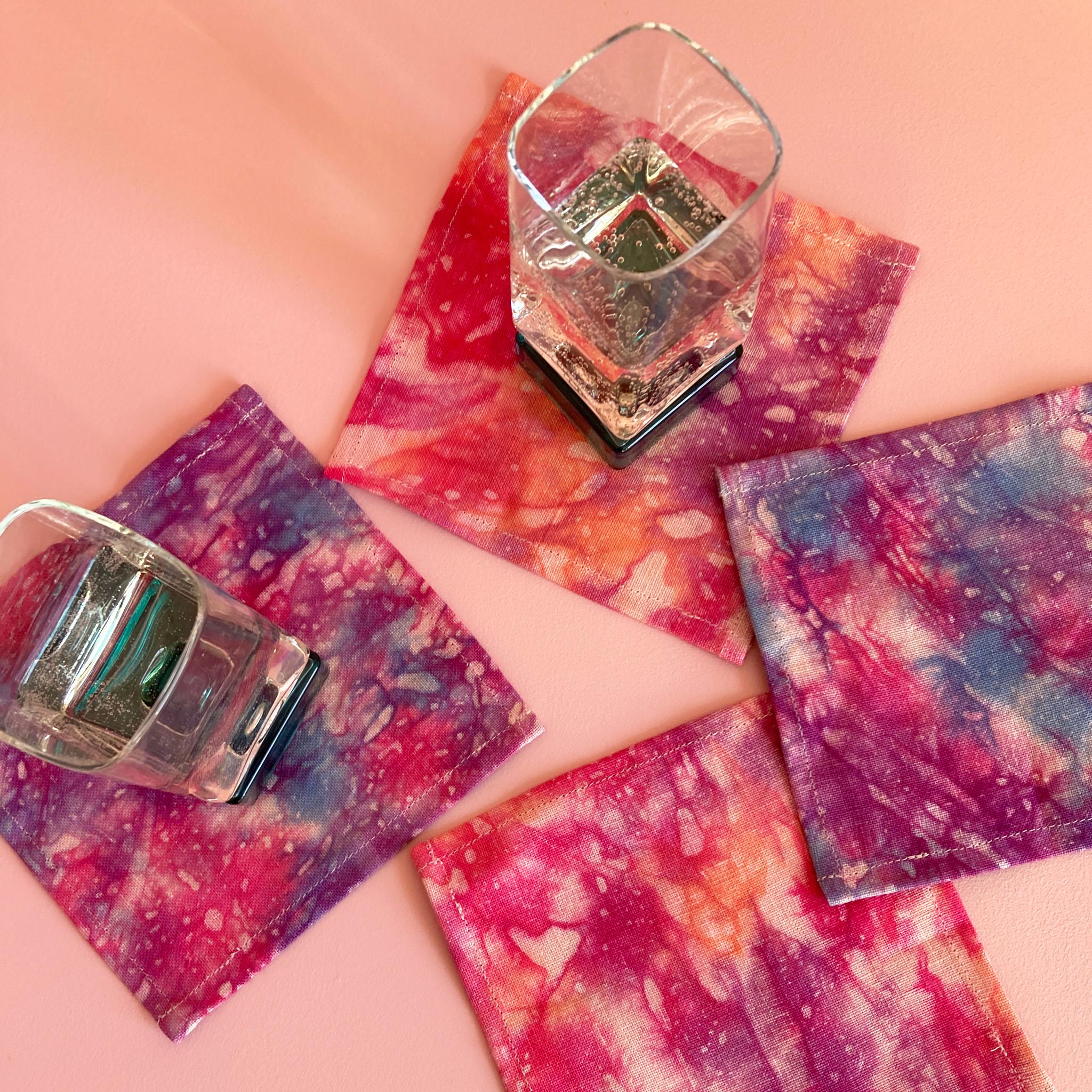 Contemporary Hand Dyed Cocktail Napkins, Nightfall Abstract Pattern, Set of Four For Sale