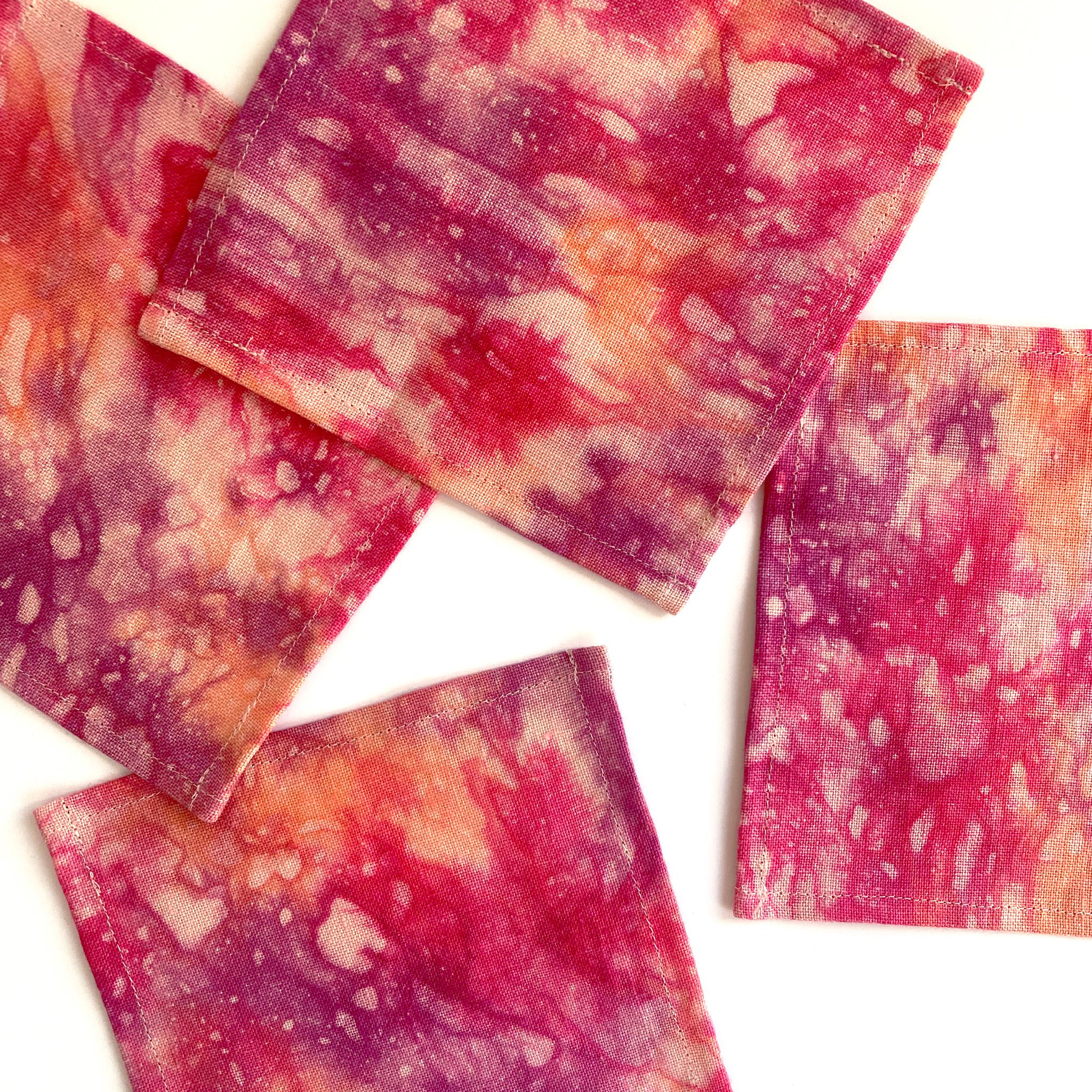 Modern Hand Dyed Cocktail Napkins, Sunrise Abstract Pattern, Set of Four For Sale
