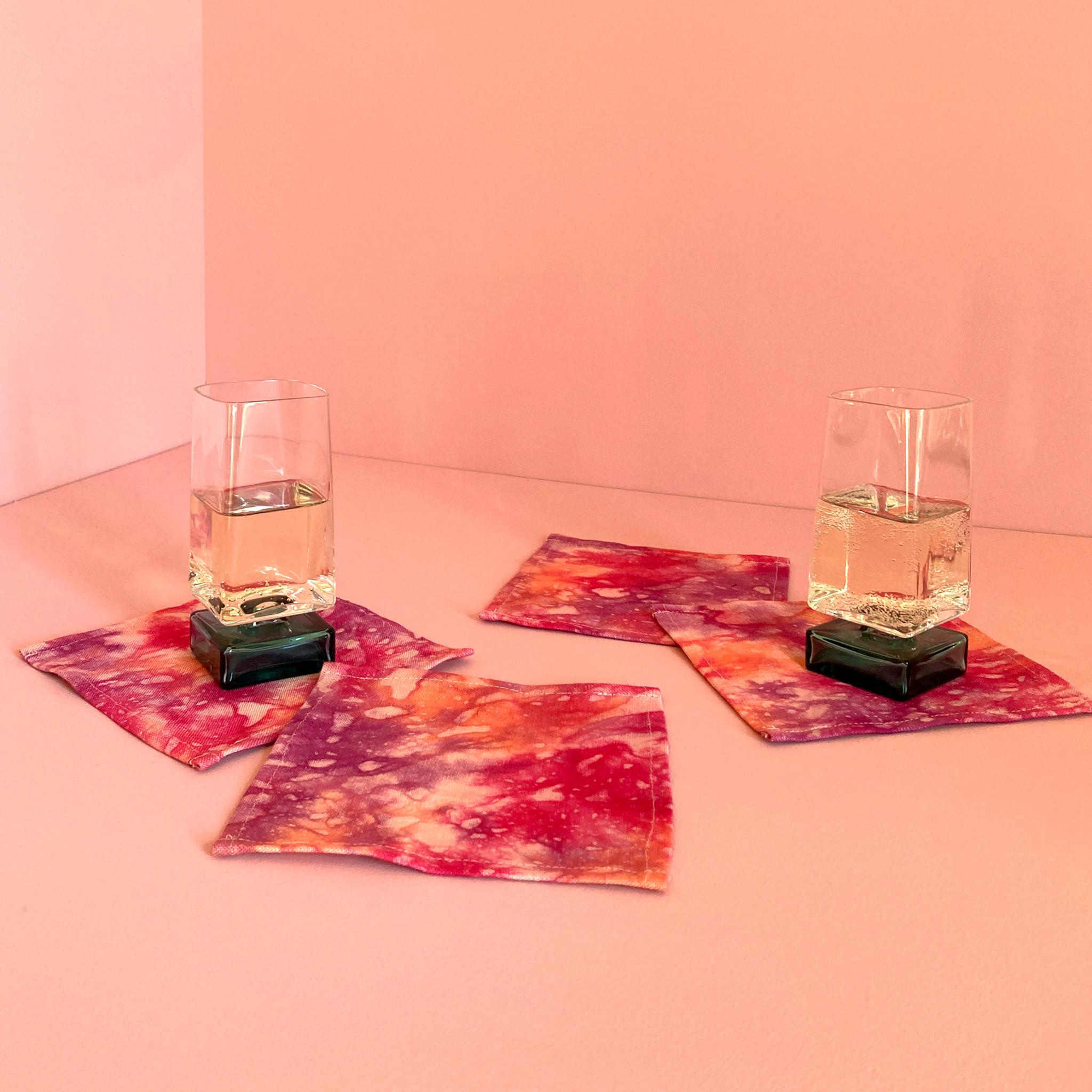 Hand Dyed Cocktail Napkins, Sunrise Abstract Pattern, Set of Four In New Condition For Sale In New York, NY