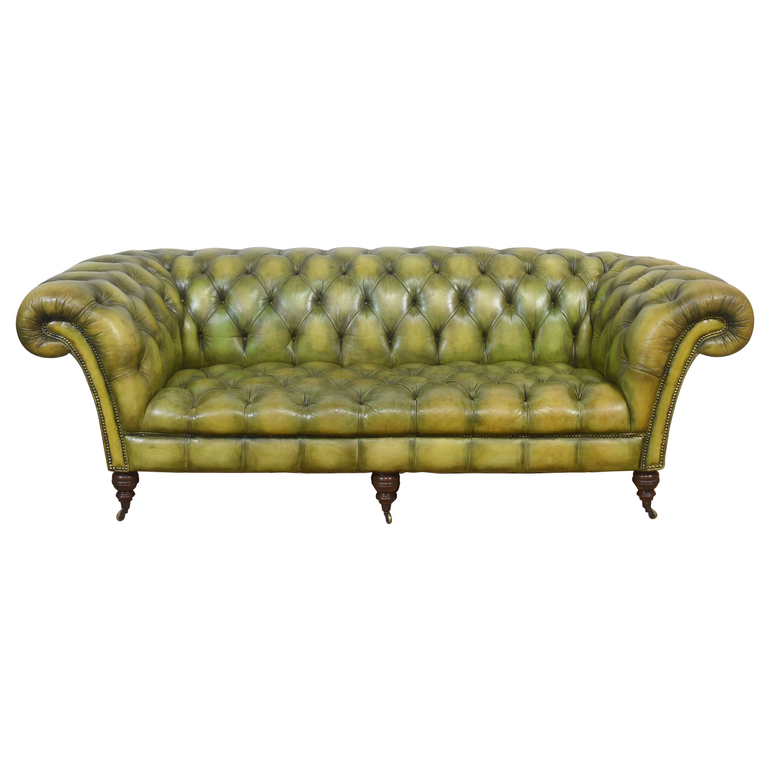 Hand-Dyed Green Leather Chesterfield Sofa