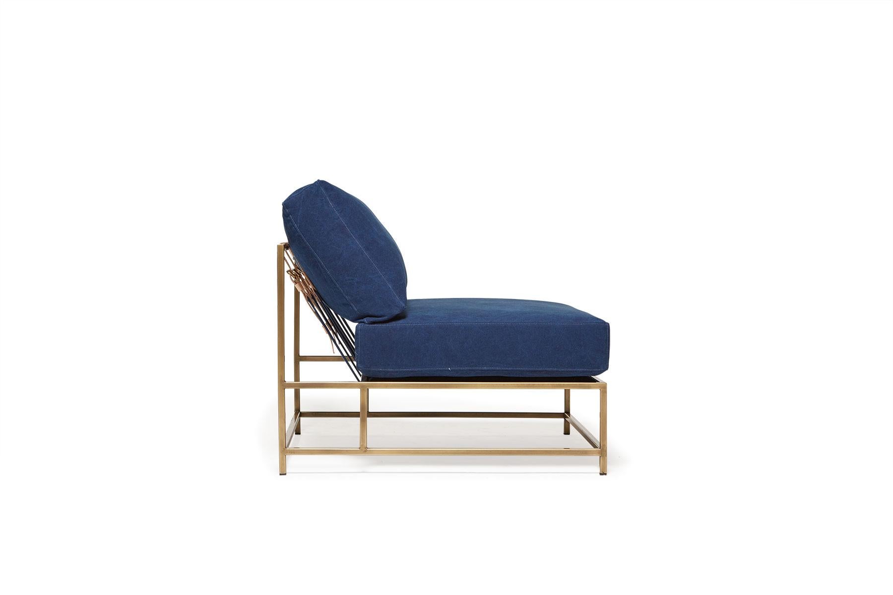 Modern Hand-Dyed Indigo Canvas and Antique Brass Chair - Extra Wide For Sale