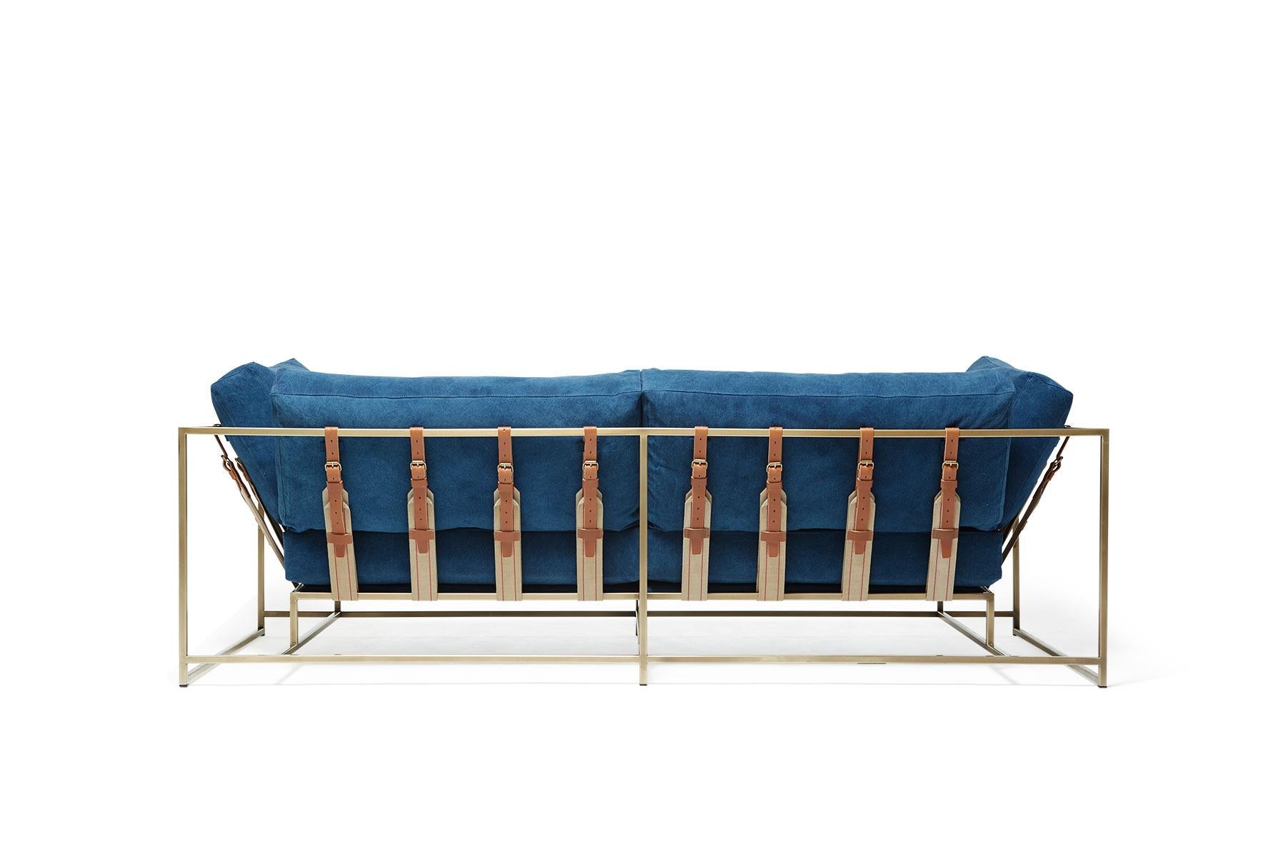 Modern Hand-Dyed Indigo Canvas and Antique Brass Two-Seat Sofa For Sale