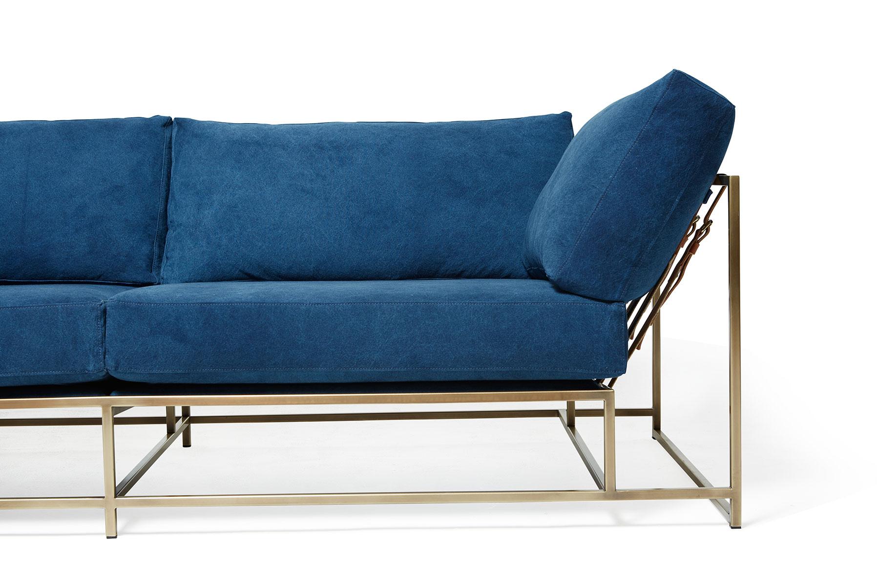 American Hand-Dyed Indigo Canvas and Antique Brass Two-Seat Sofa For Sale