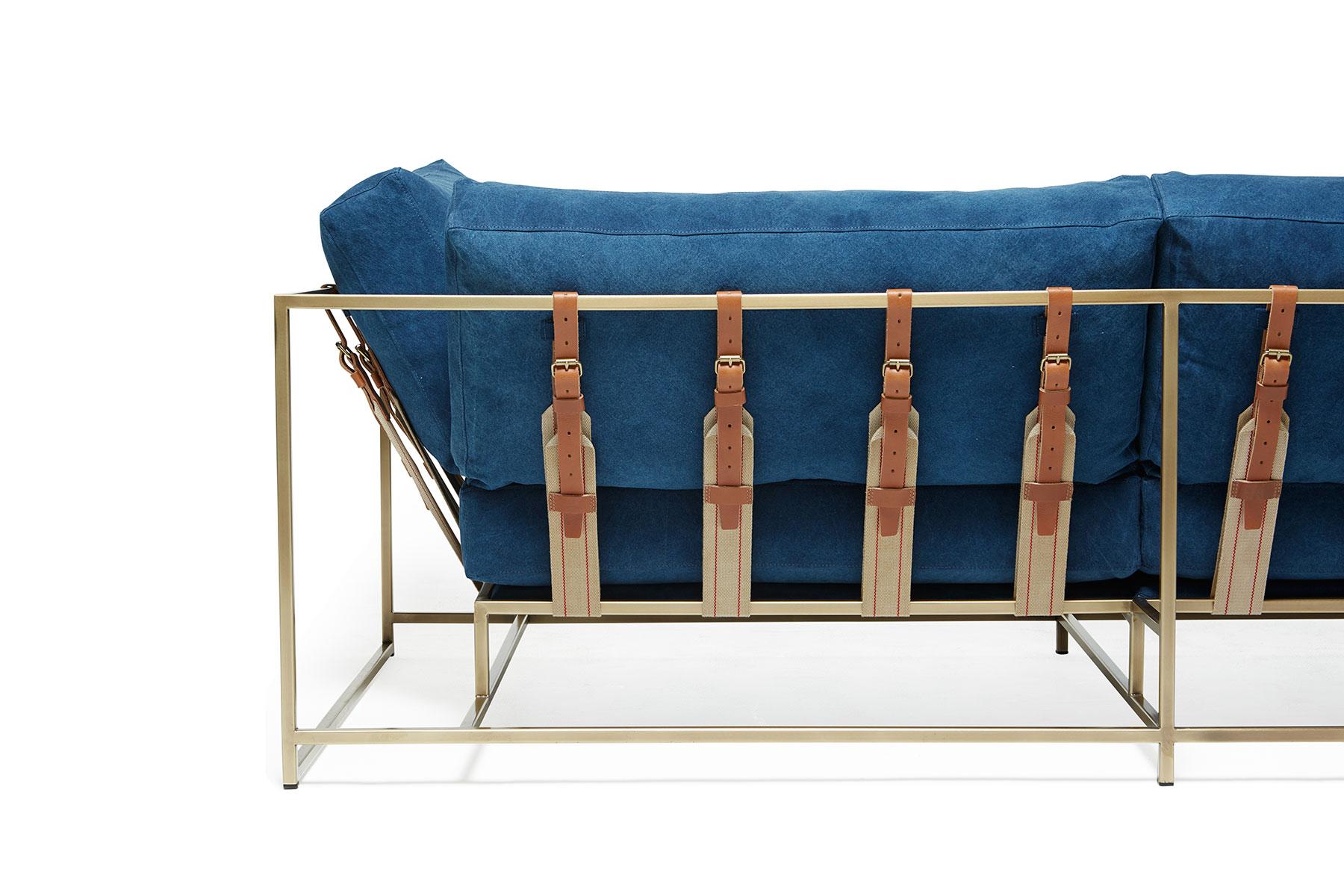 Metalwork Hand-Dyed Indigo Canvas and Antique Brass Two-Seat Sofa For Sale