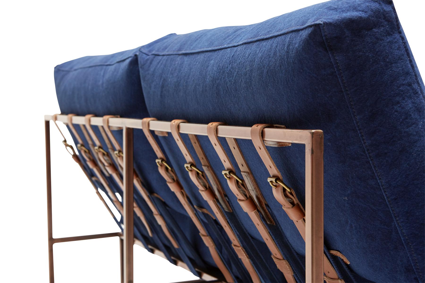 Modern Hand-Dyed Indigo Canvas and Antique Copper Loveseat For Sale