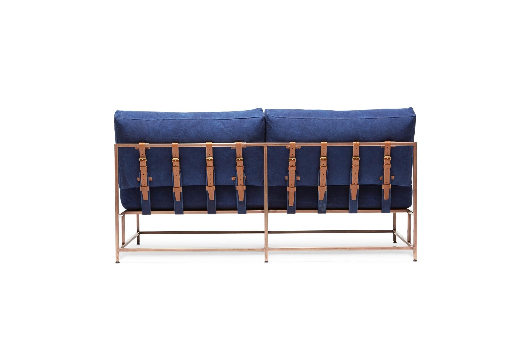 American Hand-Dyed Indigo Canvas and Antique Copper Loveseat For Sale