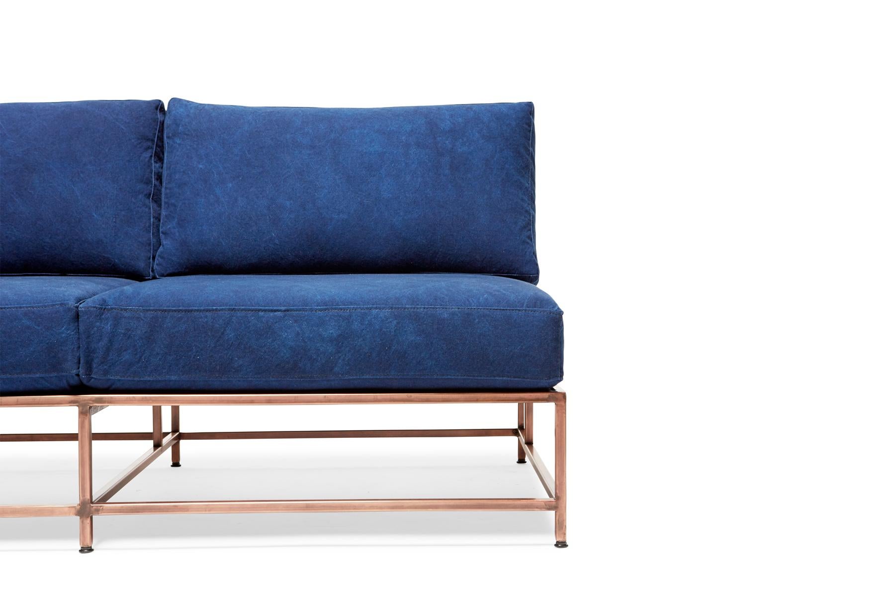 Metalwork Hand-Dyed Indigo Canvas and Antique Copper Loveseat For Sale