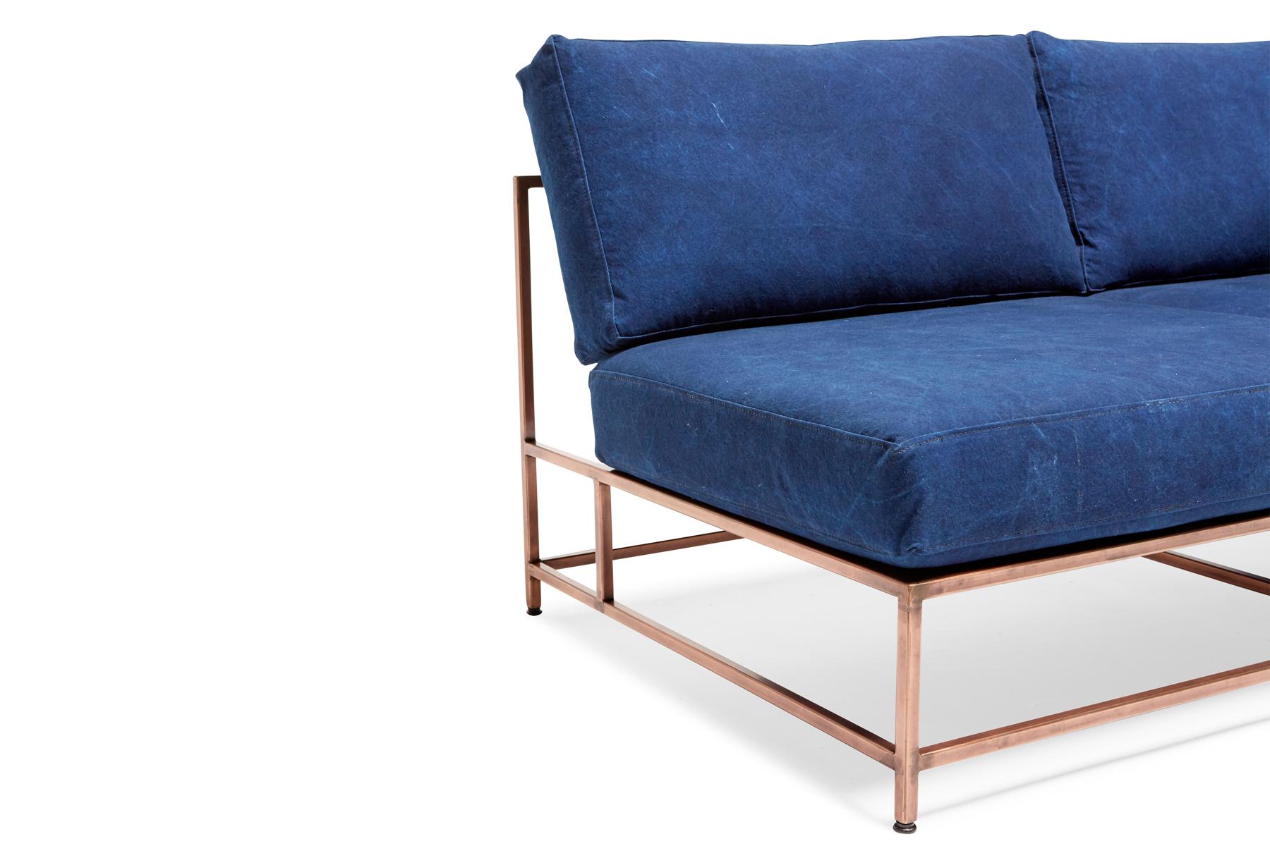 Hand-Dyed Indigo Canvas and Antique Copper Loveseat In New Condition For Sale In Los Angeles, CA