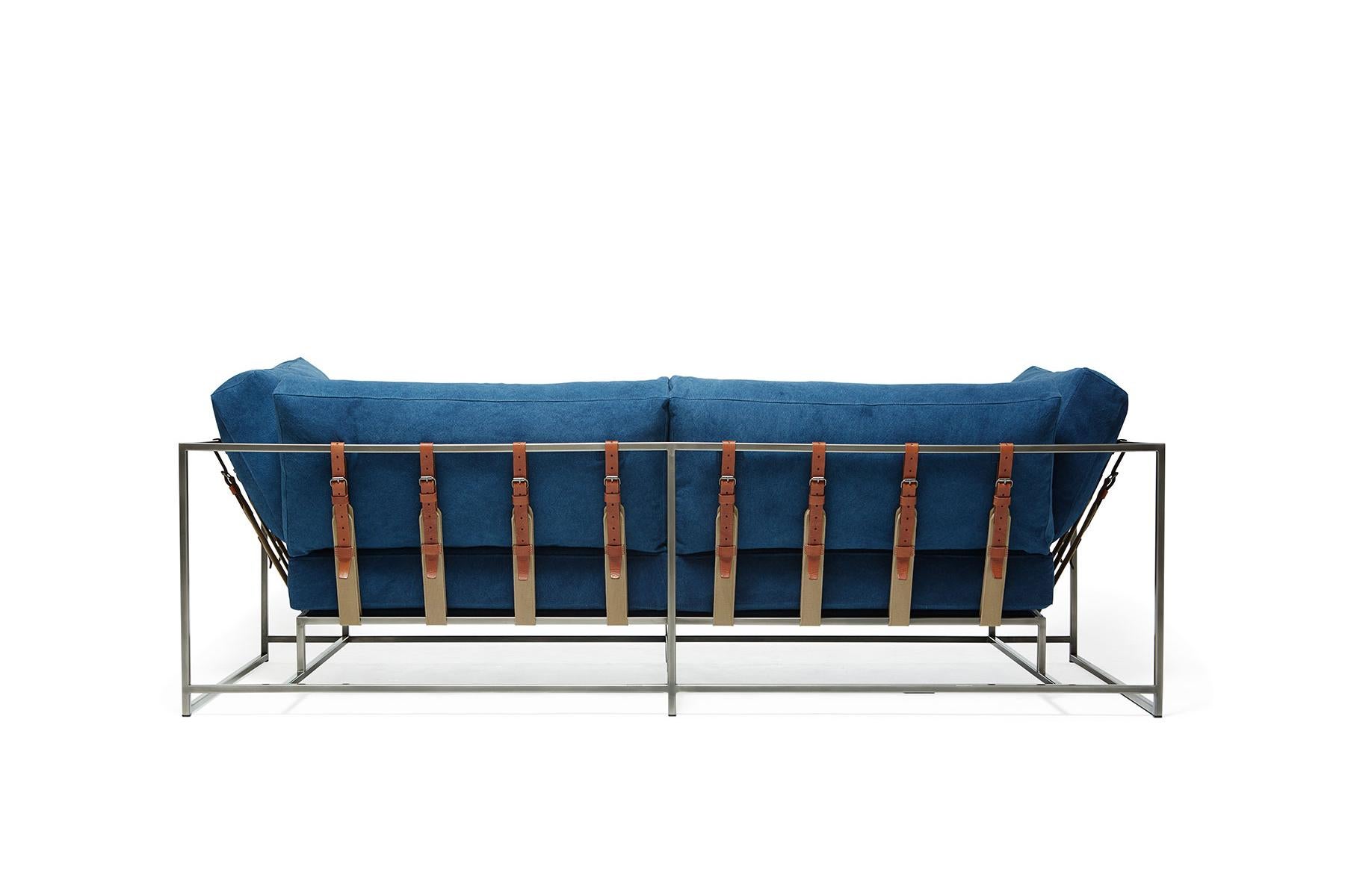 Modern Hand-Dyed Indigo Canvas and Antique Nickel Two-Seat Sofa For Sale