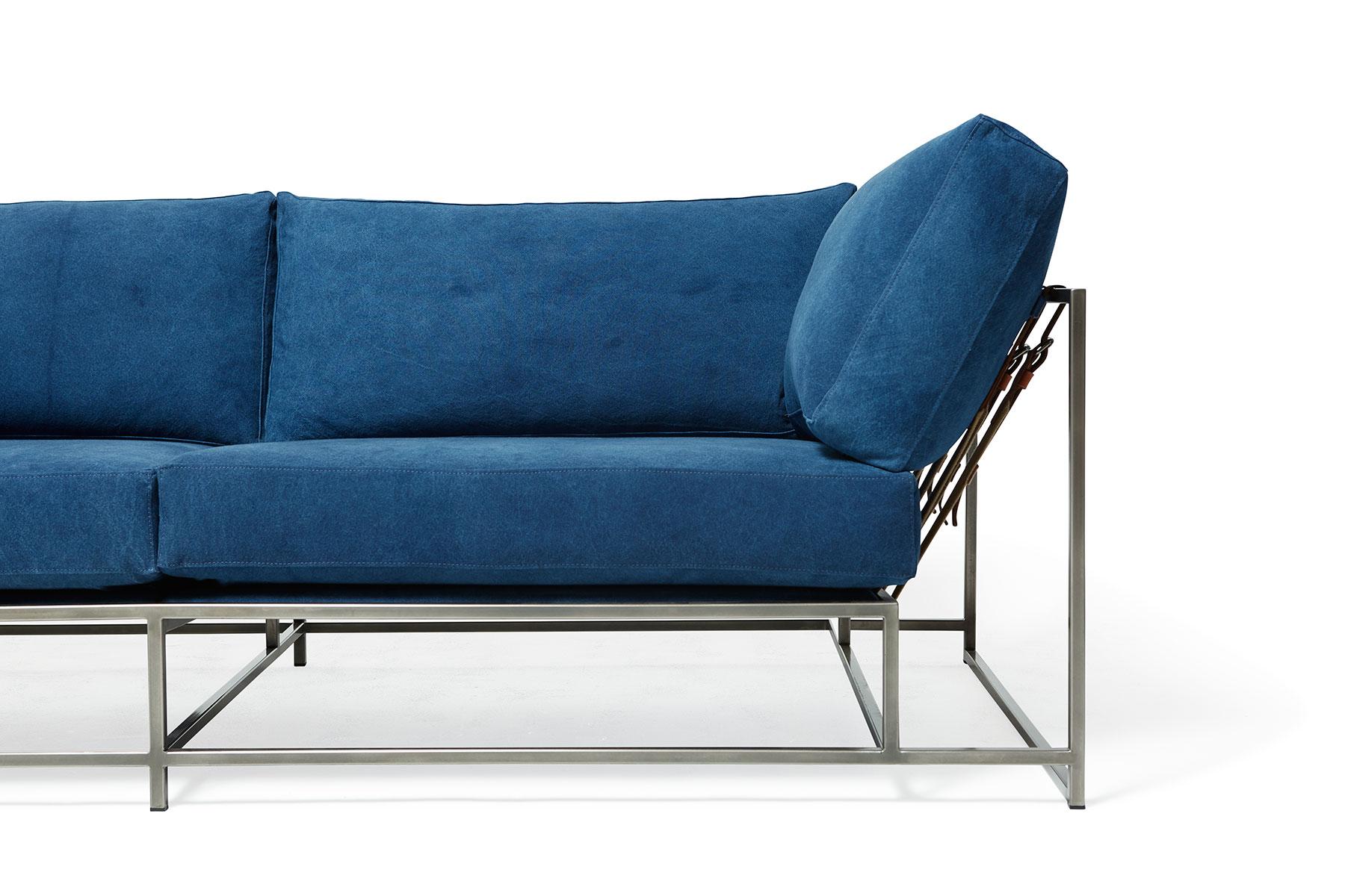 American Hand-Dyed Indigo Canvas and Antique Nickel Two-Seat Sofa For Sale