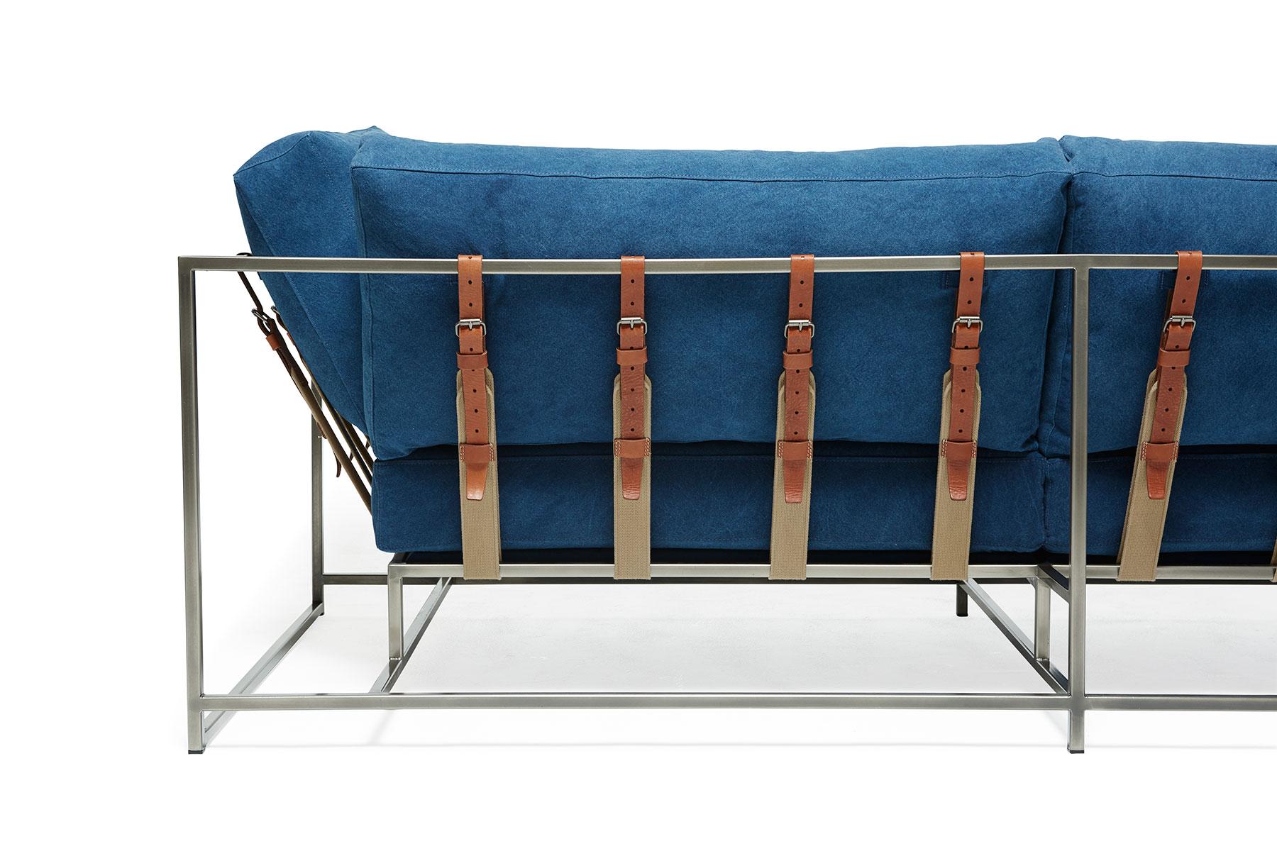 Hand-Dyed Indigo Canvas and Antique Nickel Two-Seat Sofa In New Condition For Sale In Los Angeles, CA