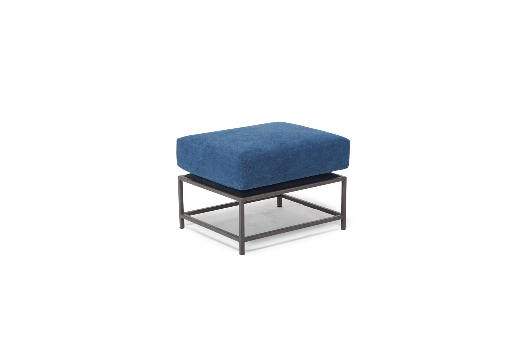 Modern Hand-Dyed Indigo Canvas and Blackened Steel Ottoman For Sale