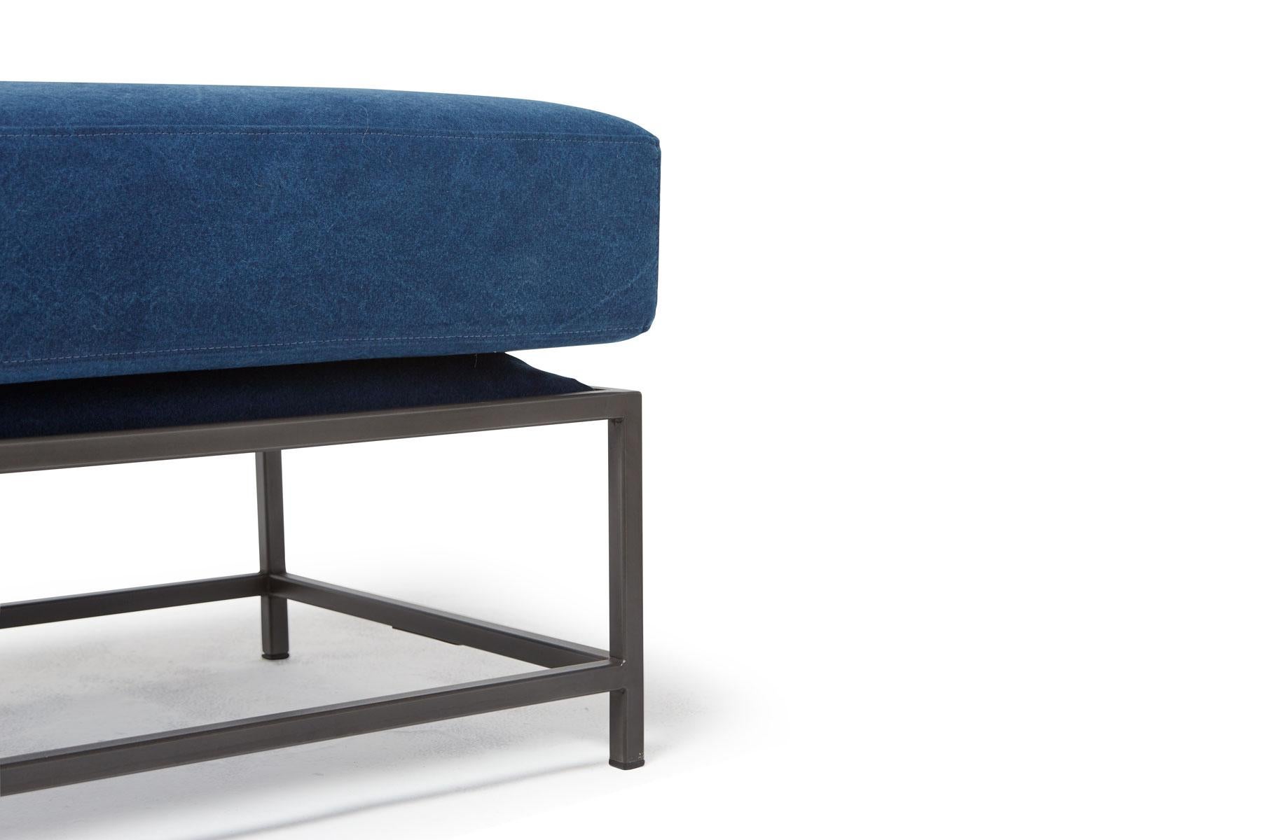 American Hand-Dyed Indigo Canvas and Blackened Steel Ottoman For Sale