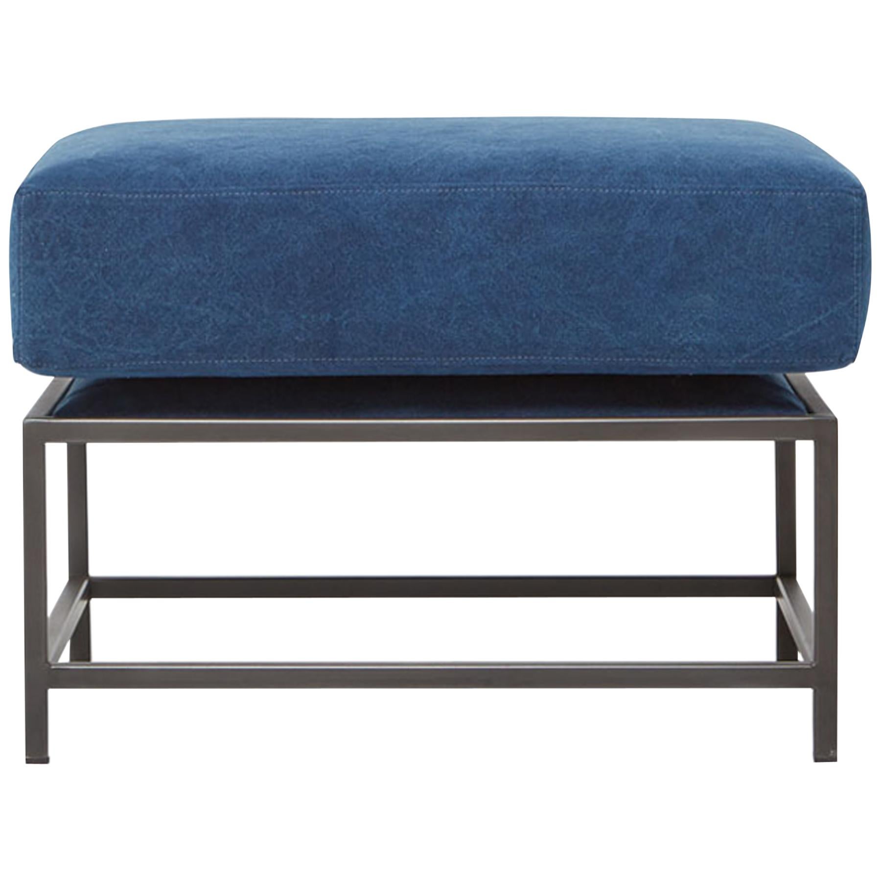 Hand-Dyed Indigo Canvas and Blackened Steel Ottoman For Sale