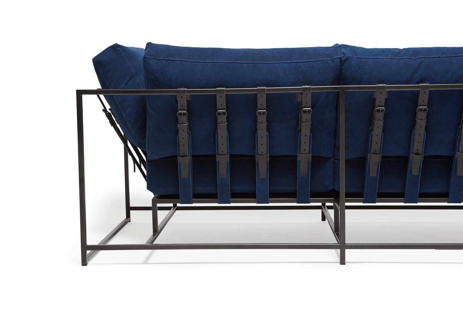 Modern Hand-Dyed Indigo Canvas and Blackened Steel Sofa For Sale