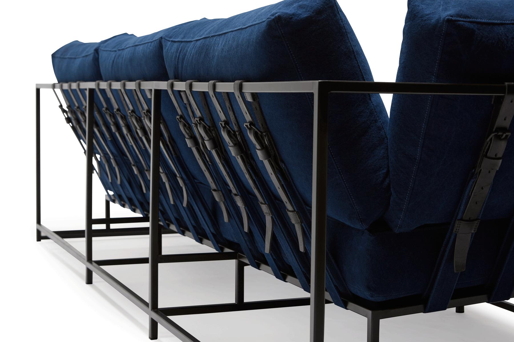 American Hand-Dyed Indigo Canvas and Blackened Steel Sofa For Sale