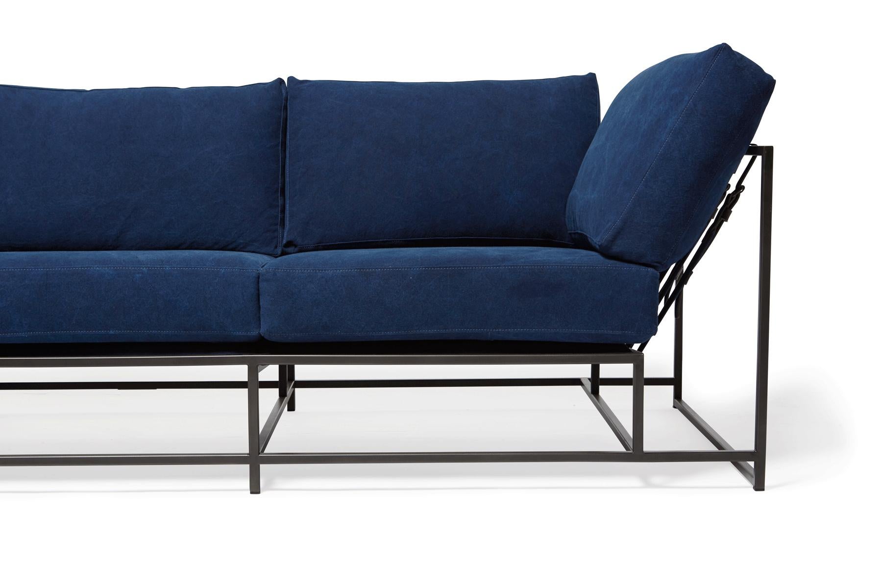 Plated Hand-Dyed Indigo Canvas and Blackened Steel Sofa For Sale