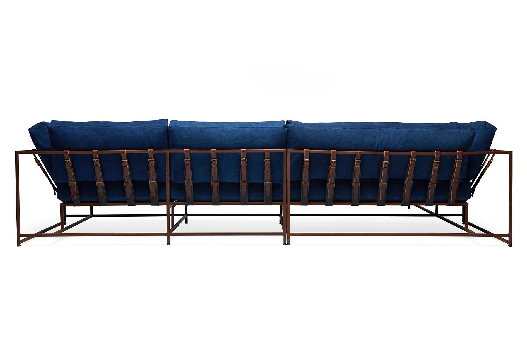 Modern Hand-Dyed Indigo Canvas and Marbled Rust Sectional For Sale