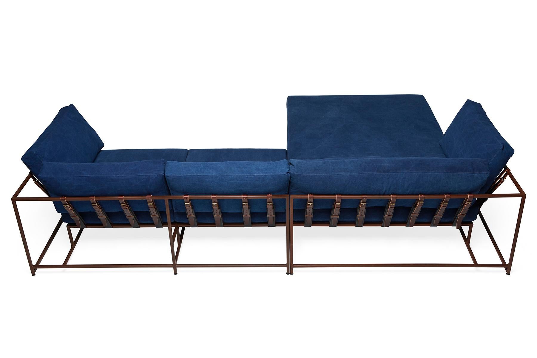 Metalwork Hand-Dyed Indigo Canvas and Marbled Rust Sectional For Sale
