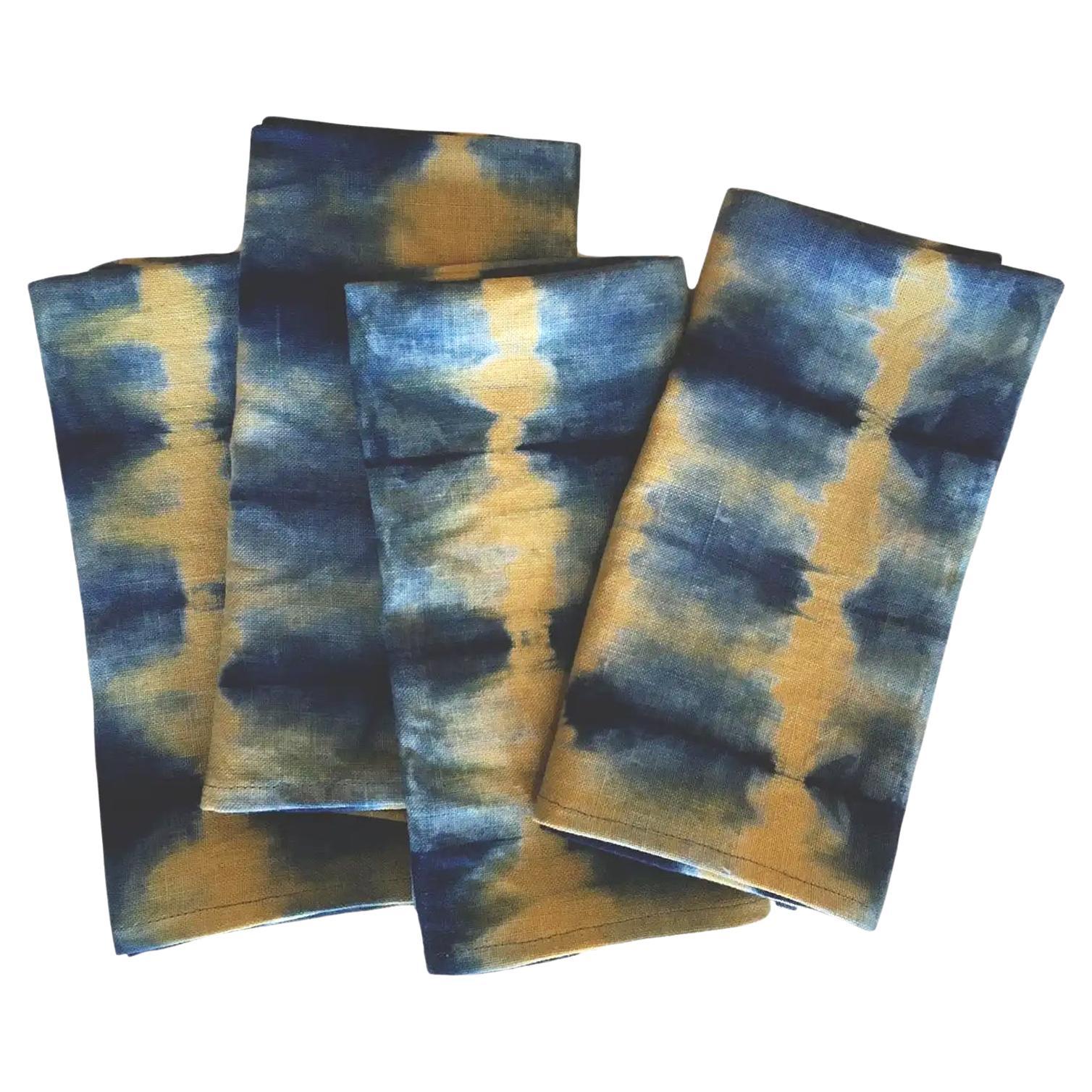 Hand Dyed Linen Napkins, Gold & Indigo Blue, Set of Four For Sale