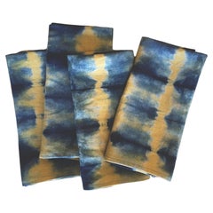 Serviettes de table en lin teinté à la main, or et bleu indigo, lot de quatre