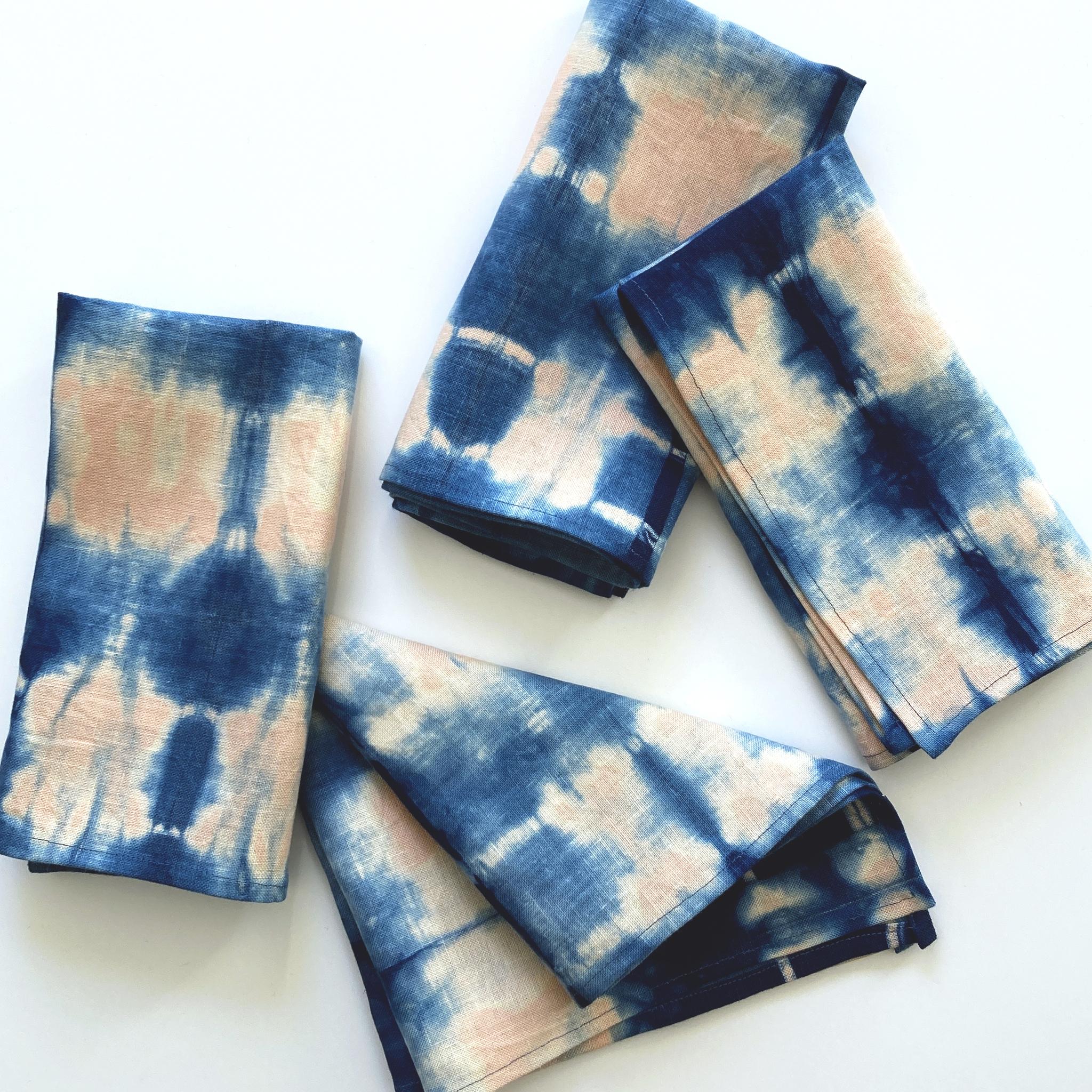 Rose linen napkins, set of four, dyed with indigo in Pleat pattern. Hand-dyed and sewn in New York City. Napkins measure approximately 18 x 18 inches. Each linen napkin is hand dyed and one of a kind. 

Each linen panel is cut and folded by hand, in