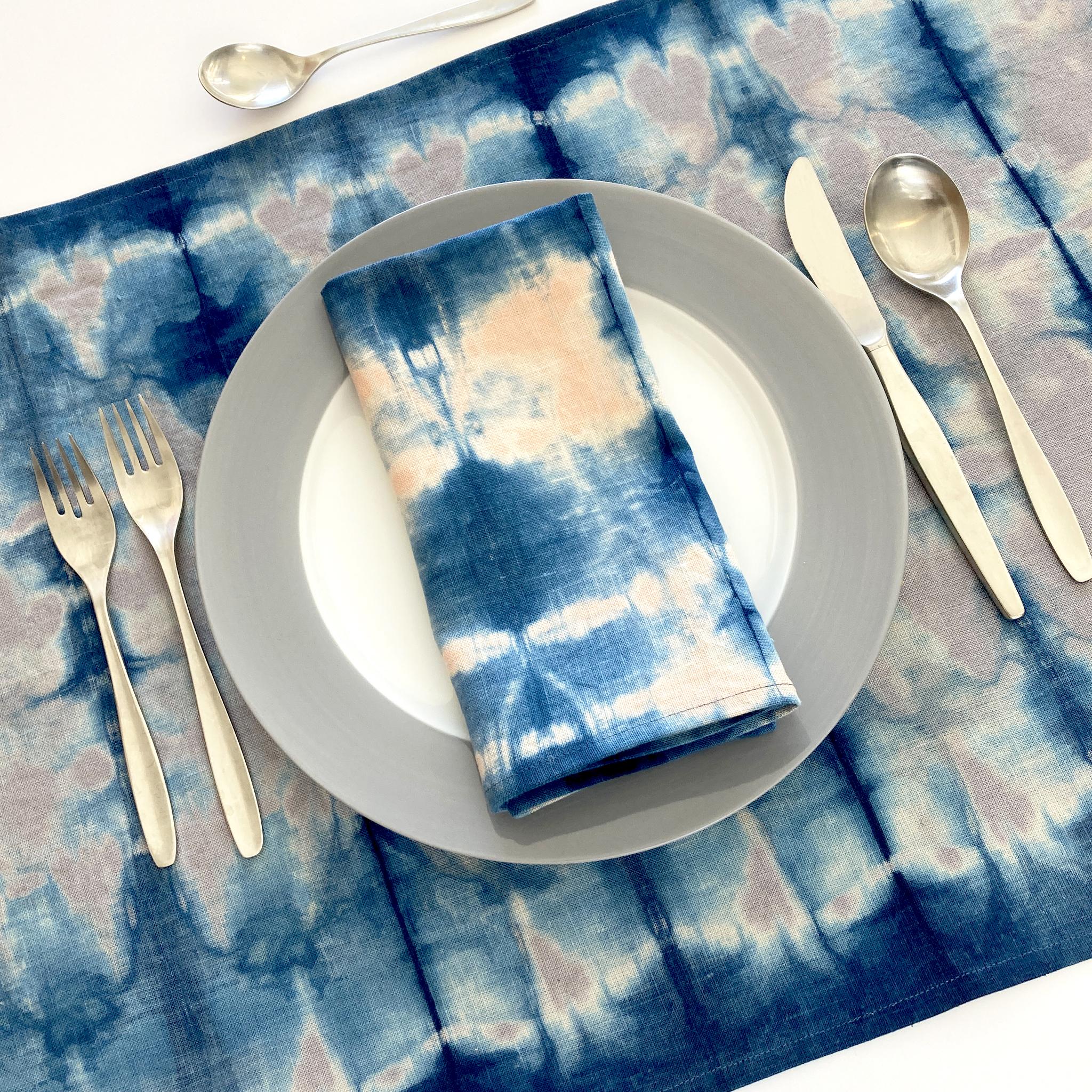 American Hand Dyed Linen Napkins, Rose Pink & Indigo Blue, Set of Two For Sale