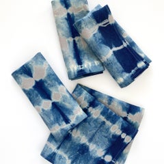 Hand Dyed Linen Napkins, Silver Gray & Indigo Blue Abstract Pattern, Set of Four