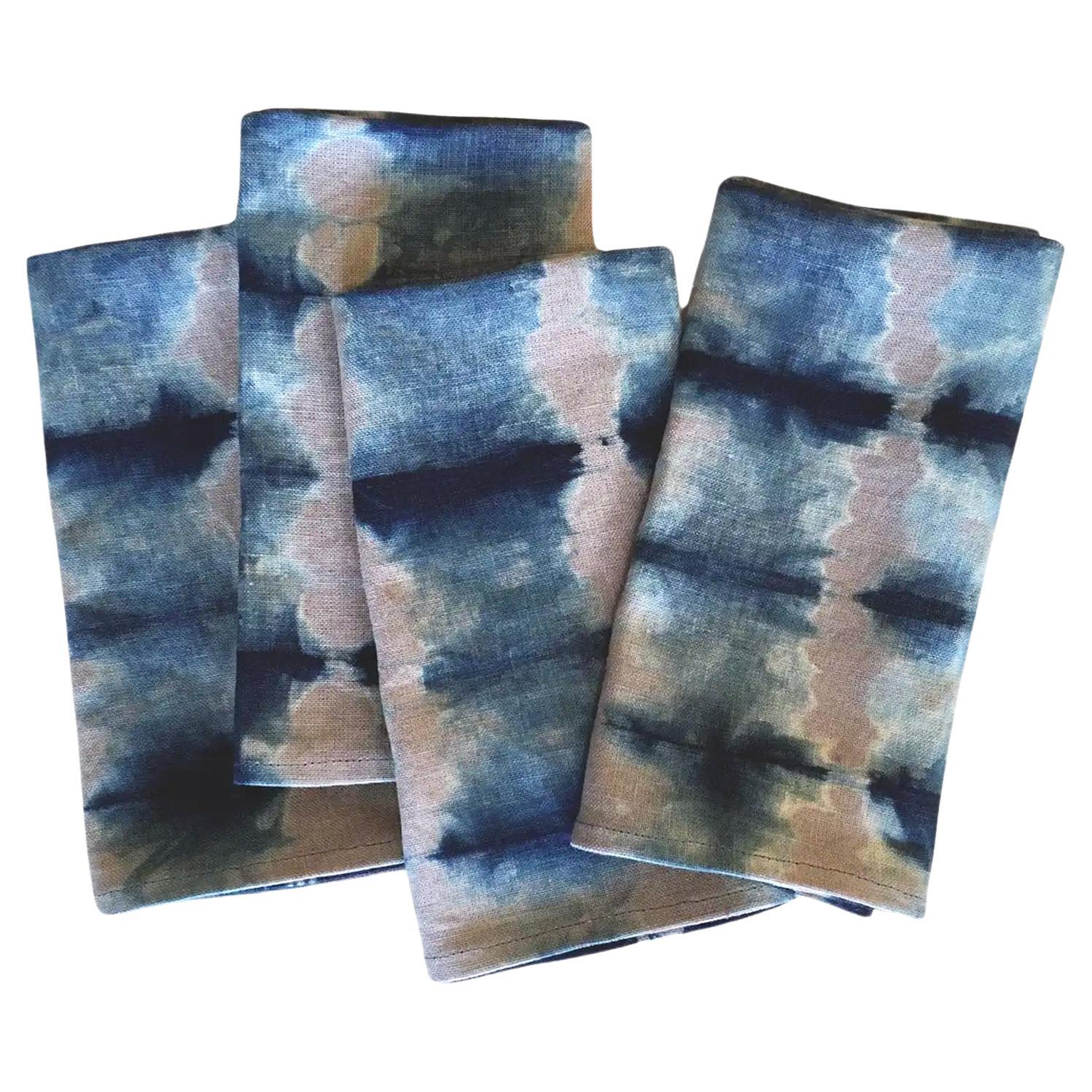 Hand Dyed Linen Napkins, Silver Gray & Indigo Blue, Set of Four For Sale