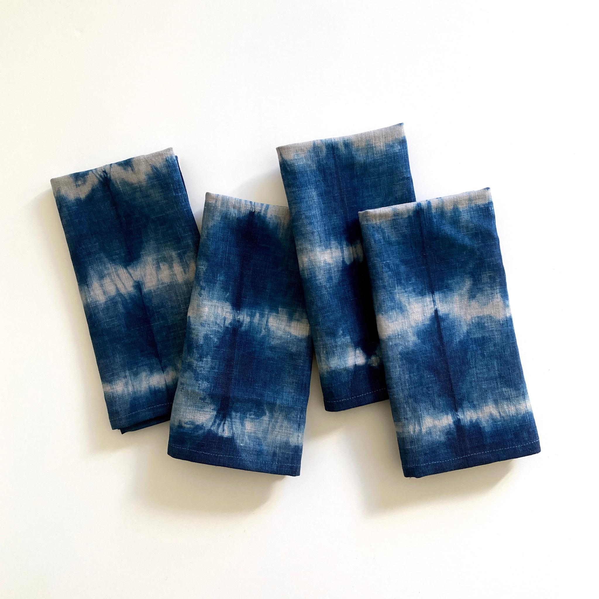 Silver gray linen napkins, set of four, dyed with indigo in Stripe pattern. Sustainably hand-dyed and sewn in New York City. Napkins measure approximately 18 x 18 inches. Each linen napkin is hand dyed and one of a kind. 

Each linen panel is cut
