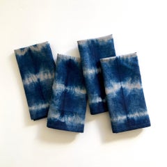 Hand Dyed Linen Napkins, Silver Gray & Indigo Blue Stripe Pattern, Set of Four
