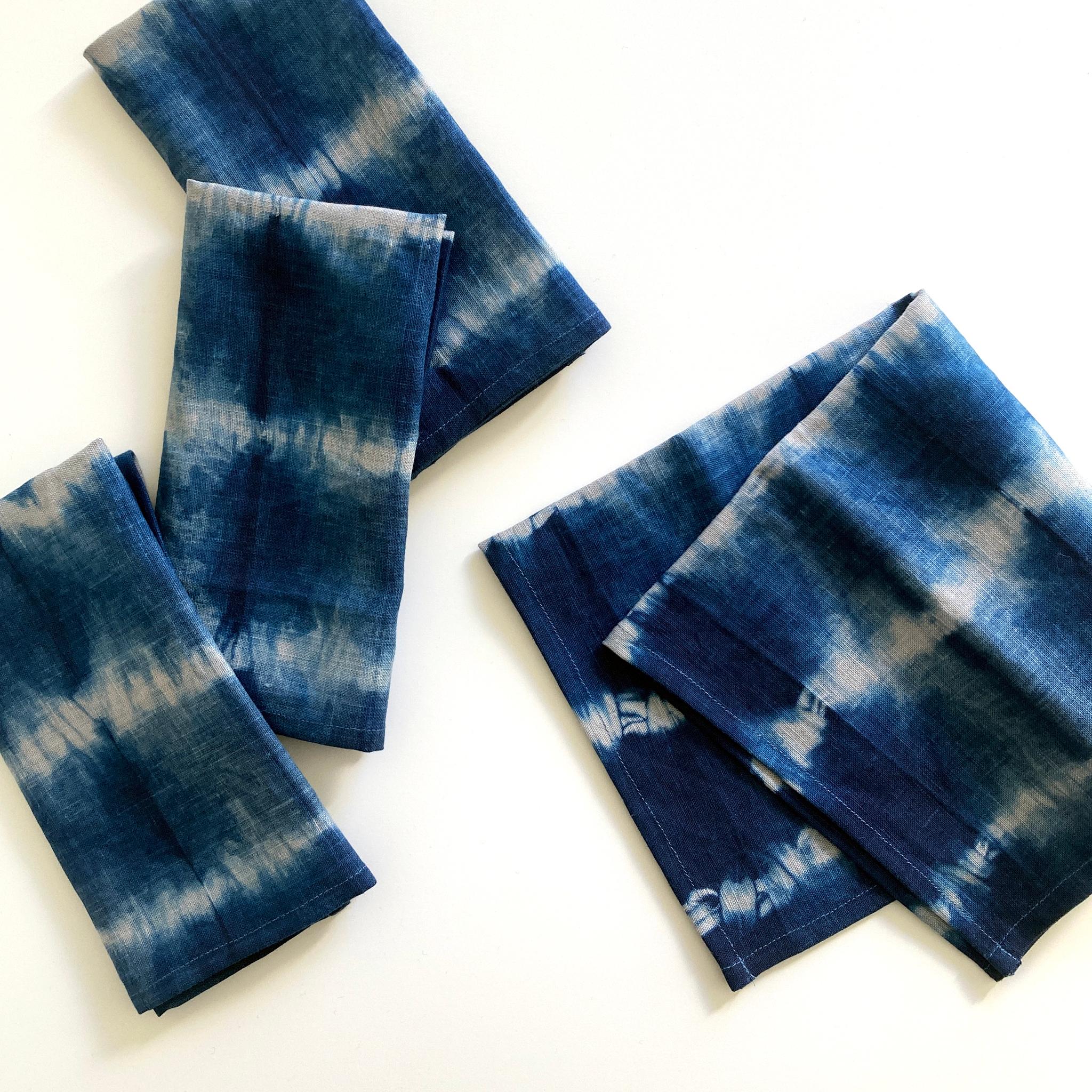 Modern Hand Dyed Linen Napkins, Silver Gray & Indigo Blue Stripe Pattern, Set of Four For Sale