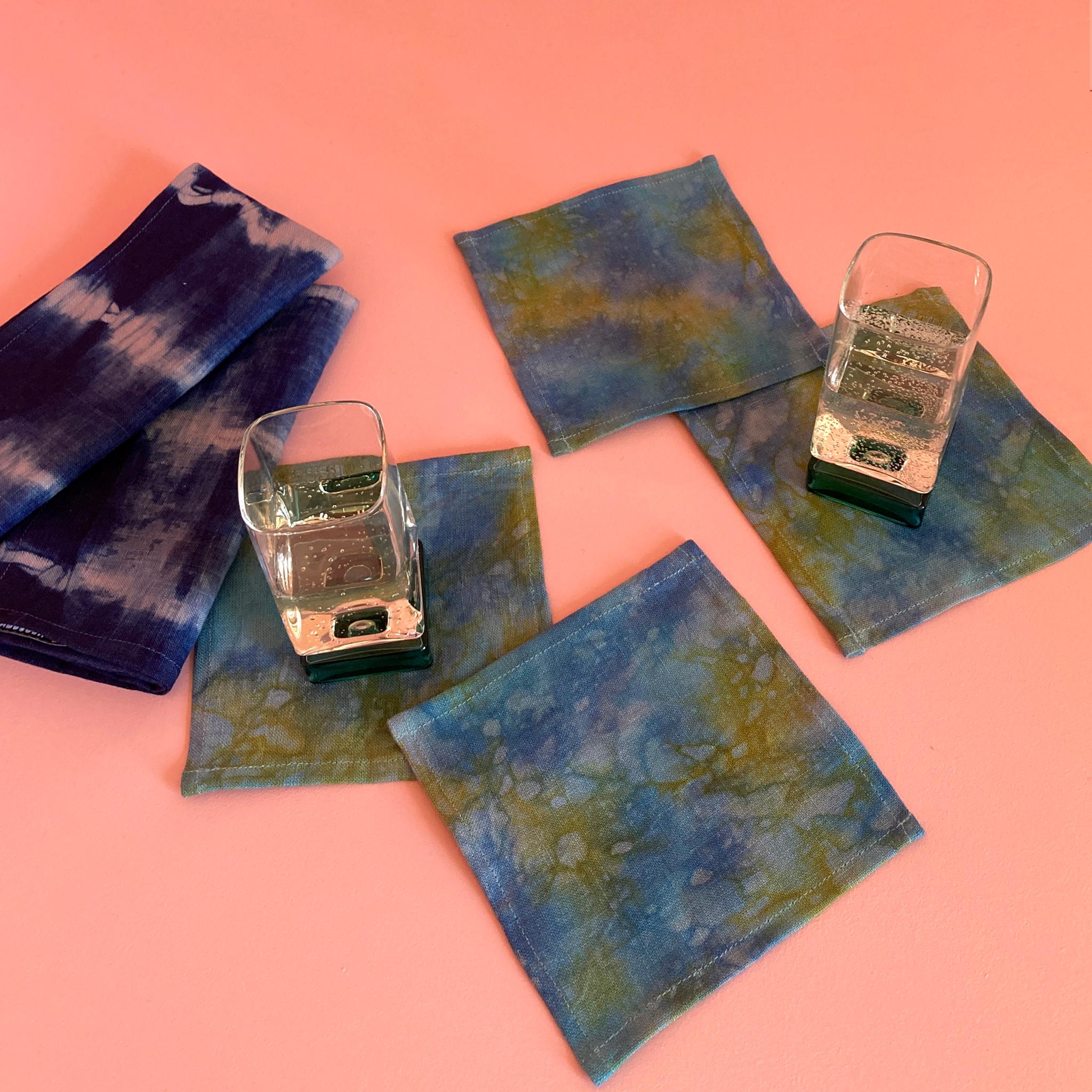 American Hand Dyed Linen Napkins, Silver Gray & Indigo Blue Stripe Pattern, Set of Four For Sale