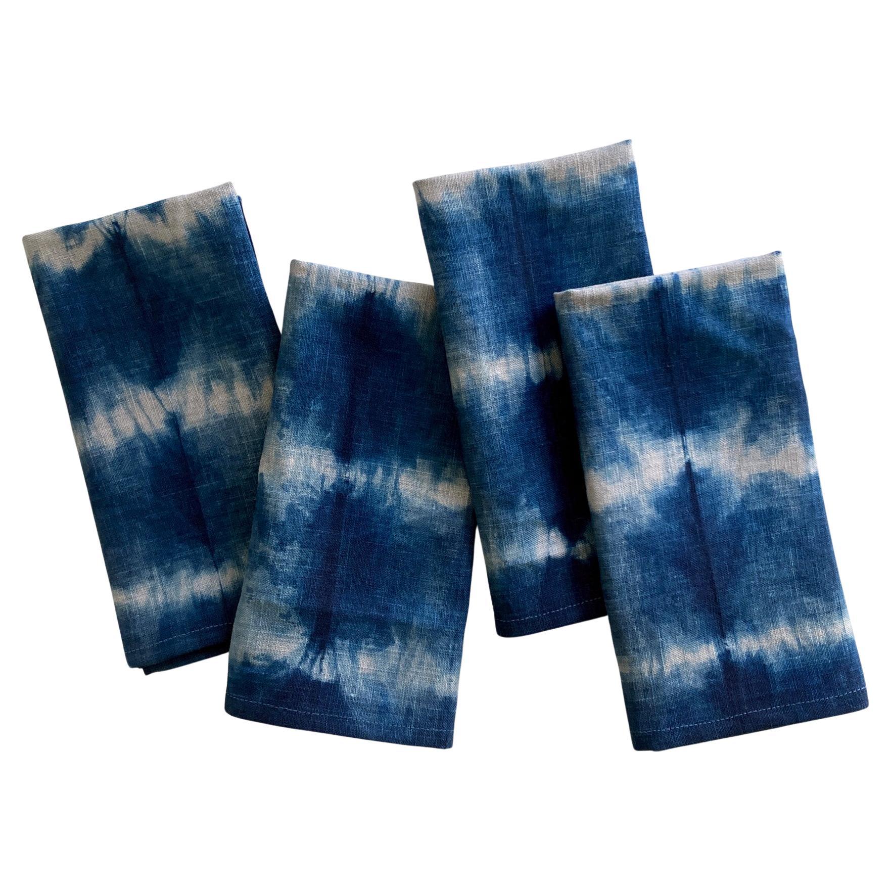 Serviettes de table en lin teinté à la main, motif à rayures gris Silver et bleu Indigo, lot de quatre