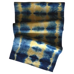 Hand Dyed Linen Table Runner, Gold Mustard & Indigo Blue Abstract Pattern