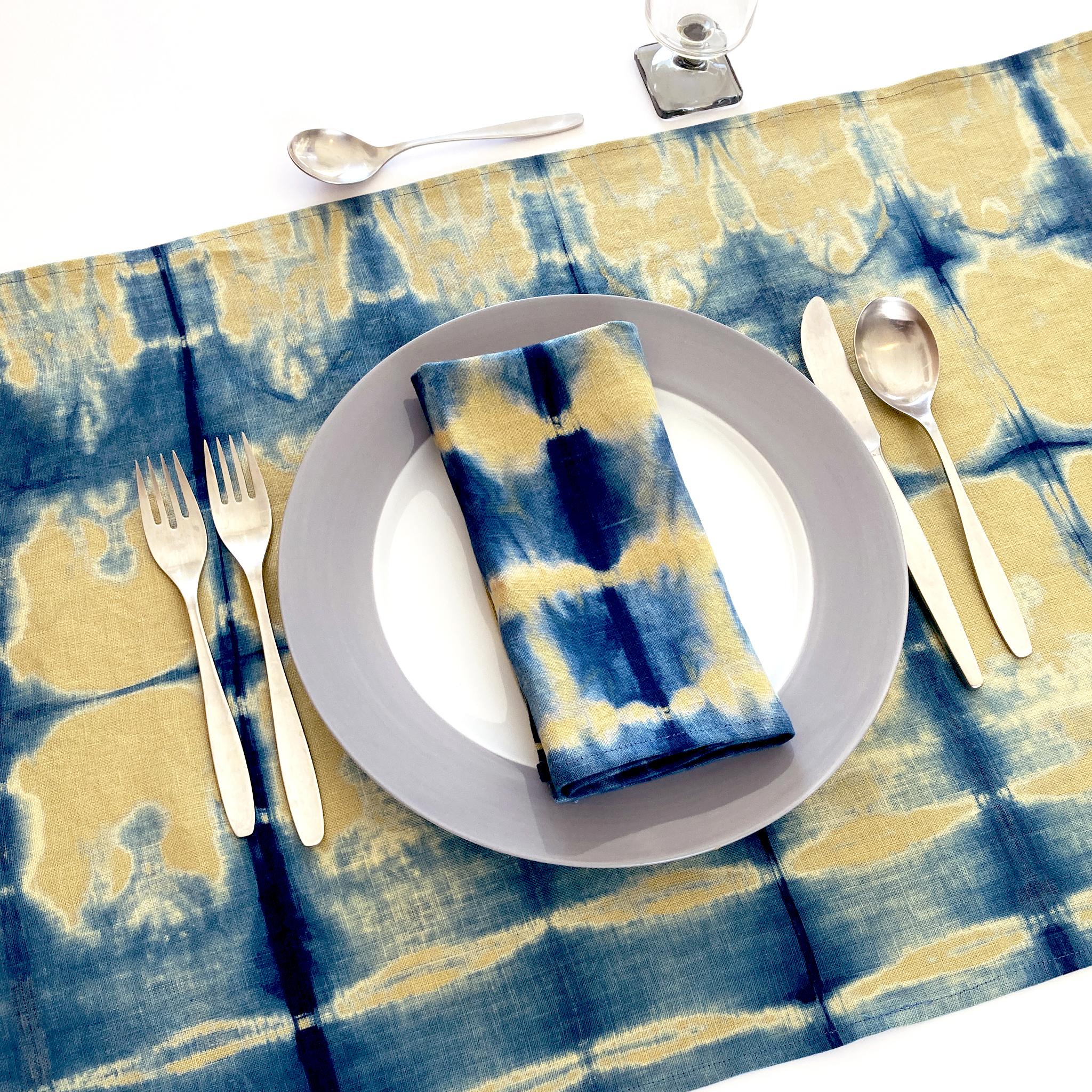 Modern Hand Dyed Linen Table Runner, Gold Mustard & Indigo Blue For Sale