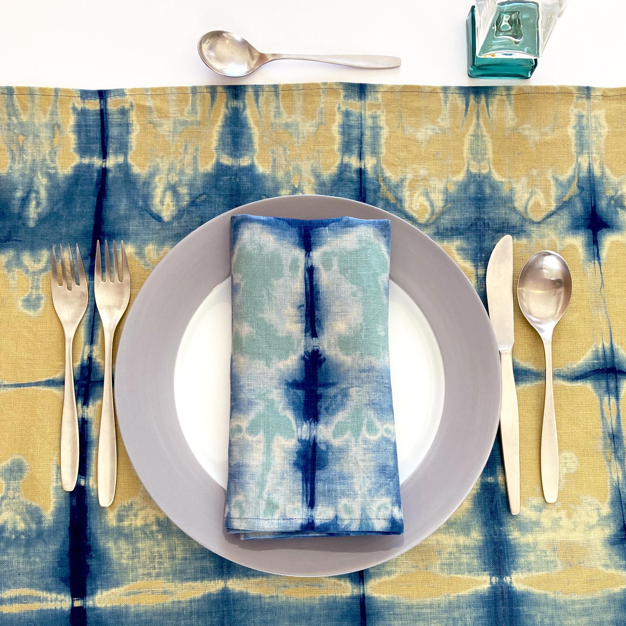 American Hand Dyed Linen Table Runner, Gold Mustard & Indigo Blue For Sale