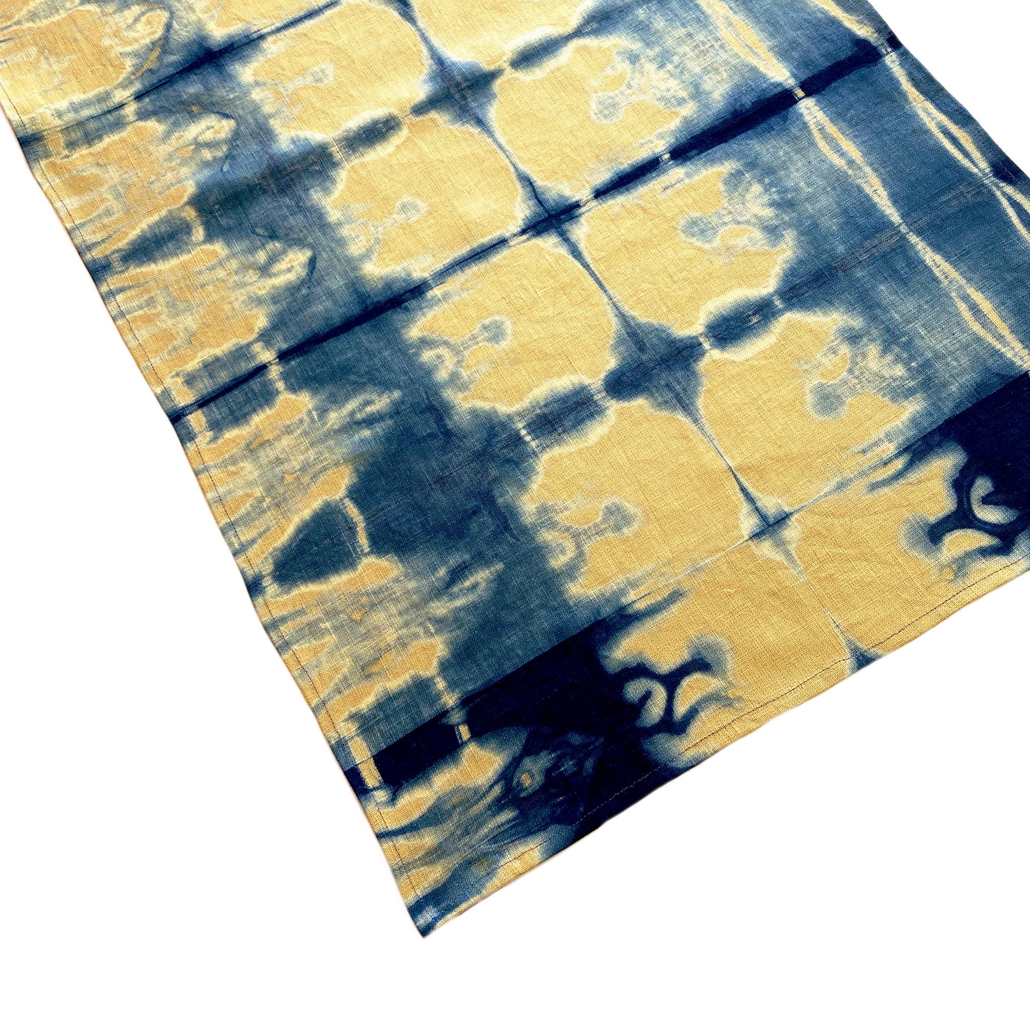Hand Dyed Linen Table Runner, Gold Mustard & Indigo Blue In New Condition For Sale In New York, NY
