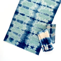 Hand Dyed Linen Table Runner, Jade Green & Indigo Blue Abstract Pattern