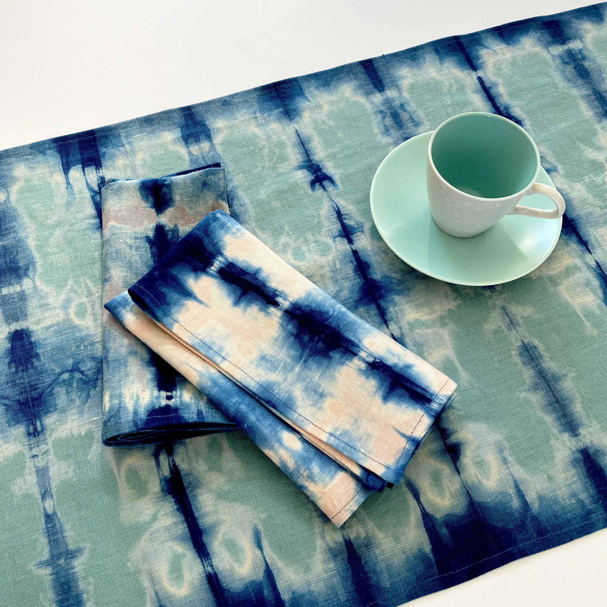 Contemporary Hand Dyed Linen Table Runner, Jade Green & Indigo Blue For Sale