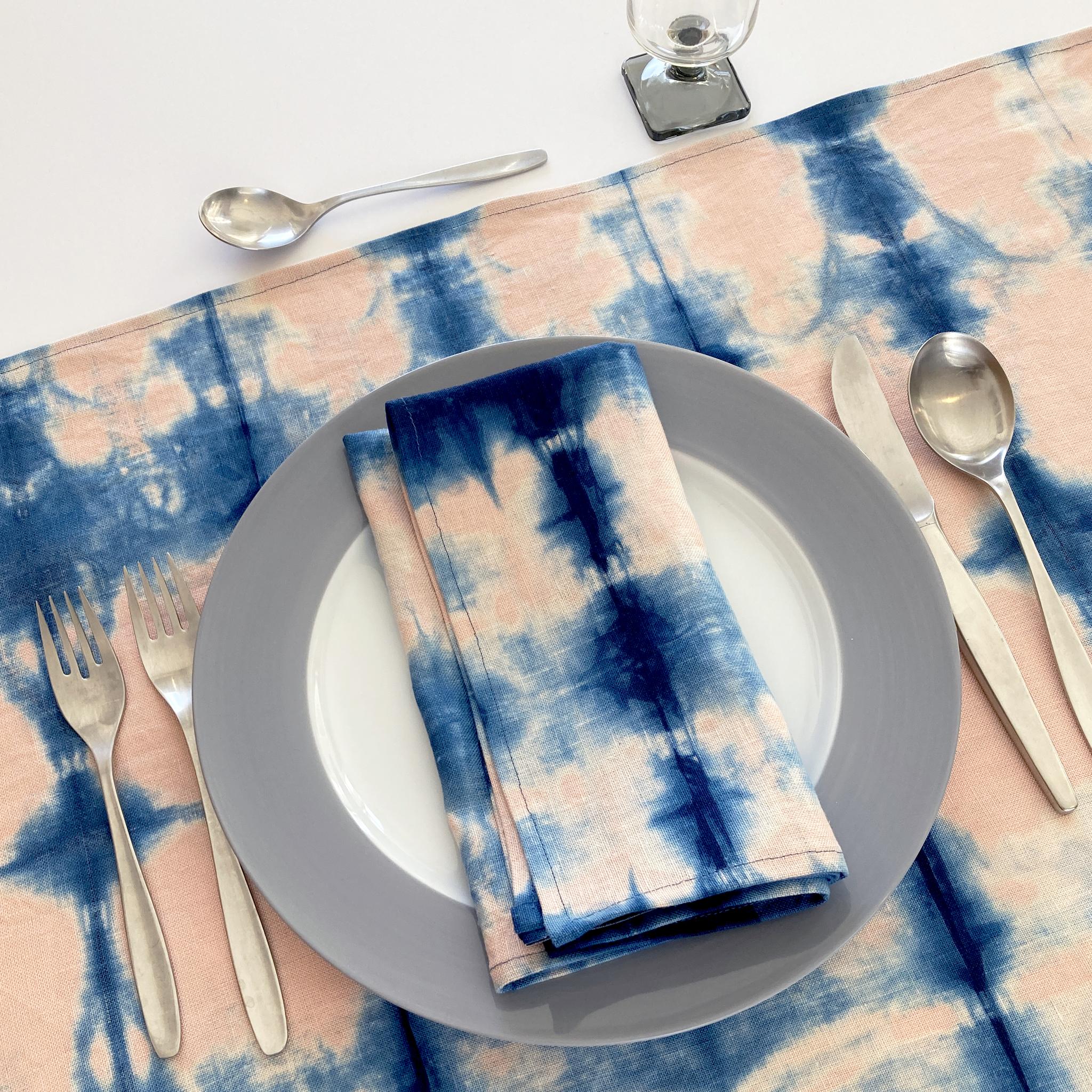 Modern Hand Dyed Linen Table Runner, Rose Pink & Indigo Blue For Sale