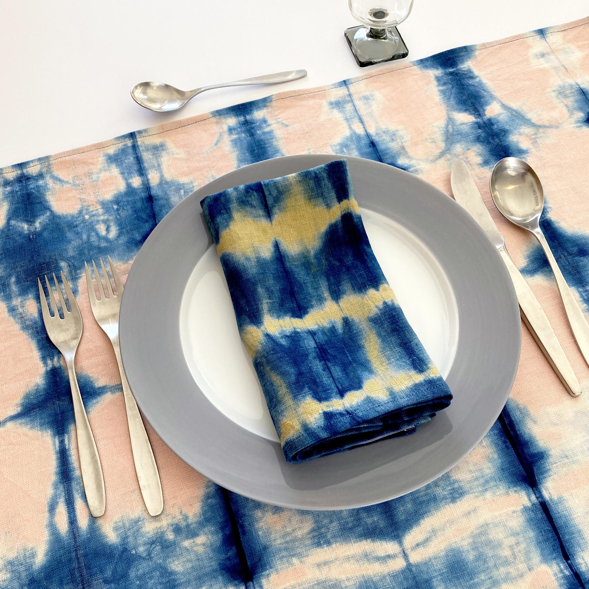 American Hand Dyed Linen Table Runner, Rose Pink & Indigo Blue For Sale