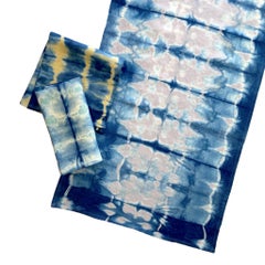 Hand Dyed Linen Table Runner, Silver Gray & Indigo Blue Abstract Pattern