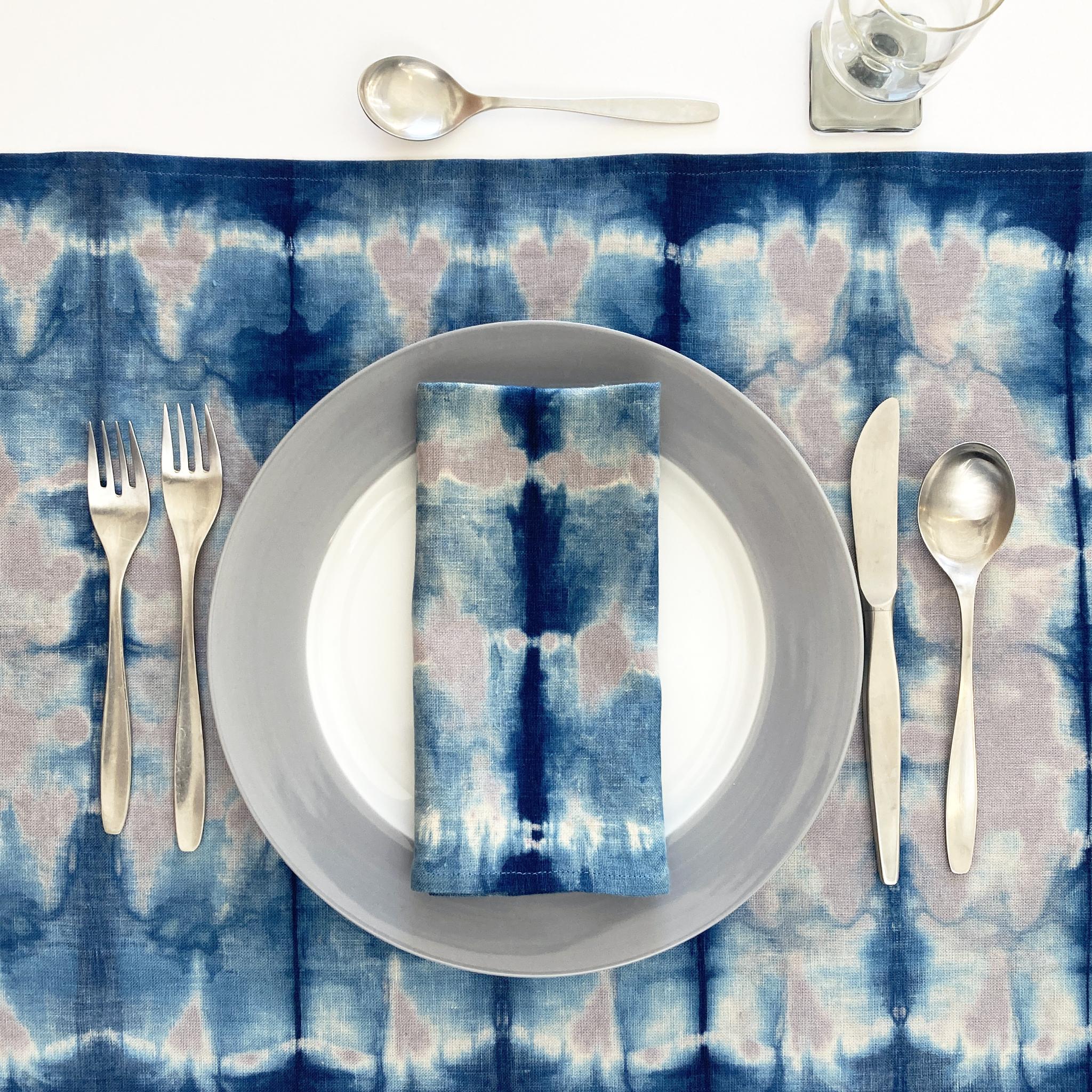American Hand Dyed Linen Table Runner, Silver Gray & Indigo Blue Abstract Pattern For Sale