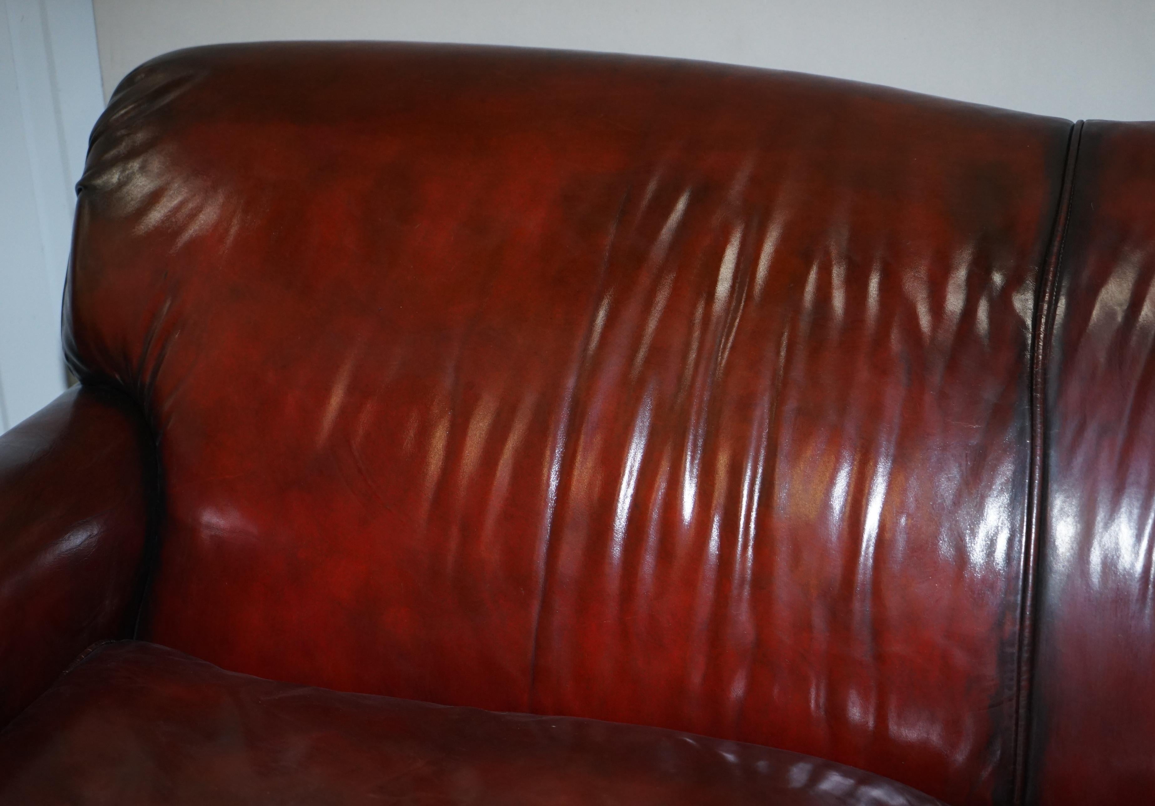 Hand Dyed Restored Bordeaux Reddish Brown Leather Howard & Son's Style Sofa For Sale 1
