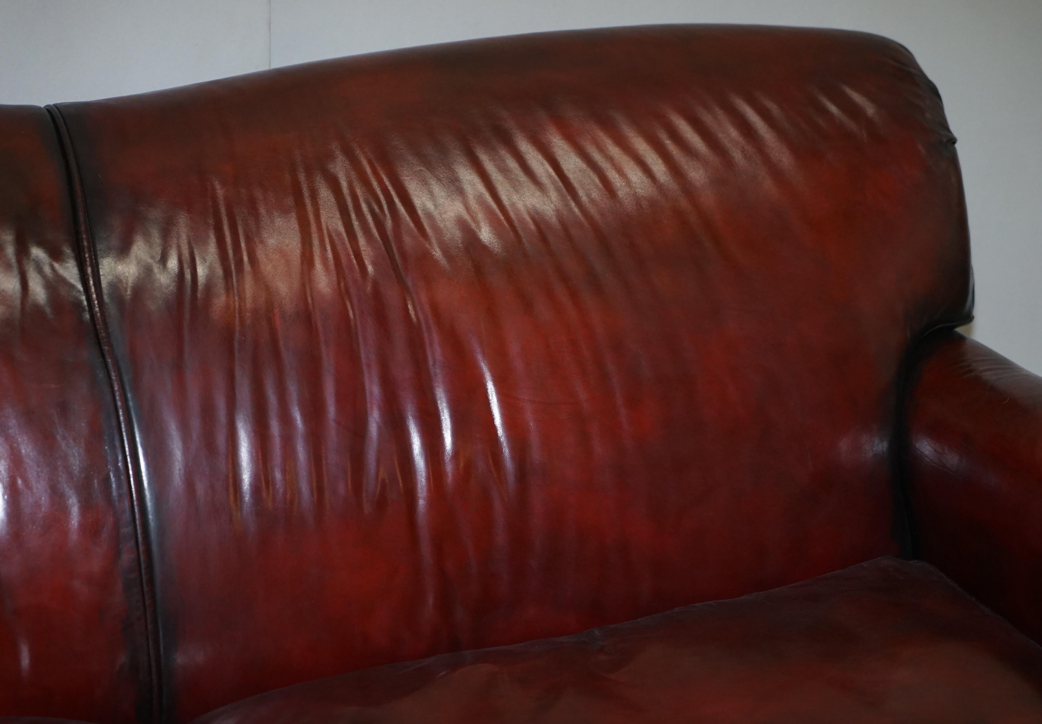 Hand Dyed Restored Bordeaux Reddish Brown Leather Howard & Son's Style Sofa For Sale 2
