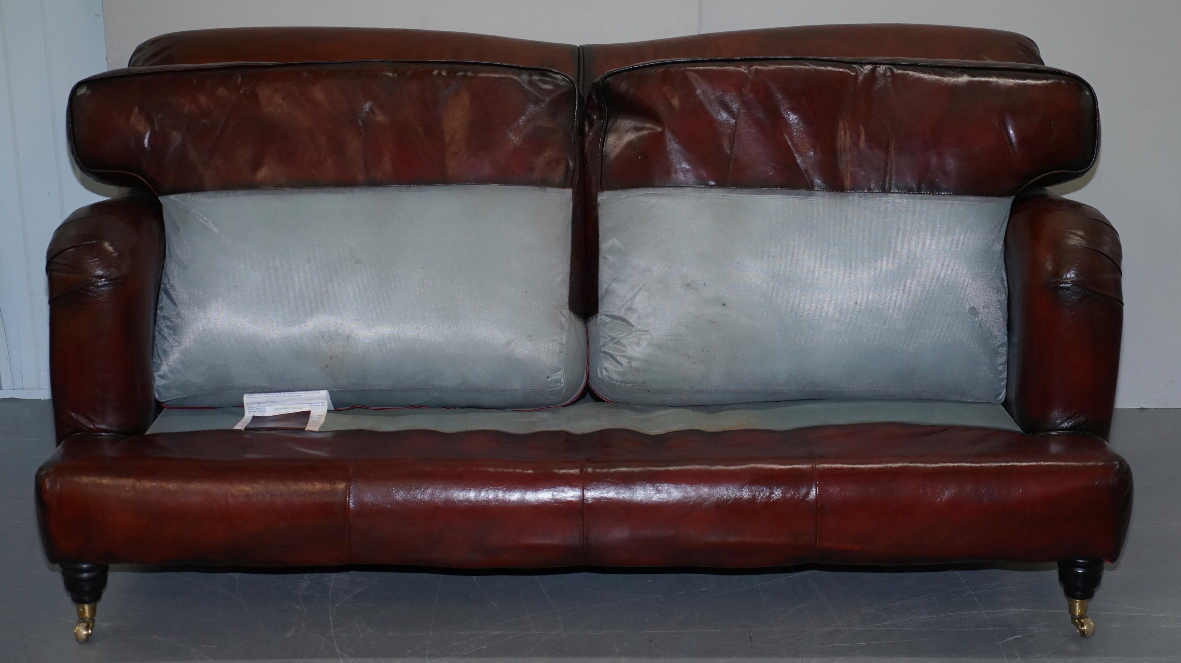 Hand Dyed Restored Bordeaux Reddish Brown Leather Howard & Son's Style Sofa For Sale 5