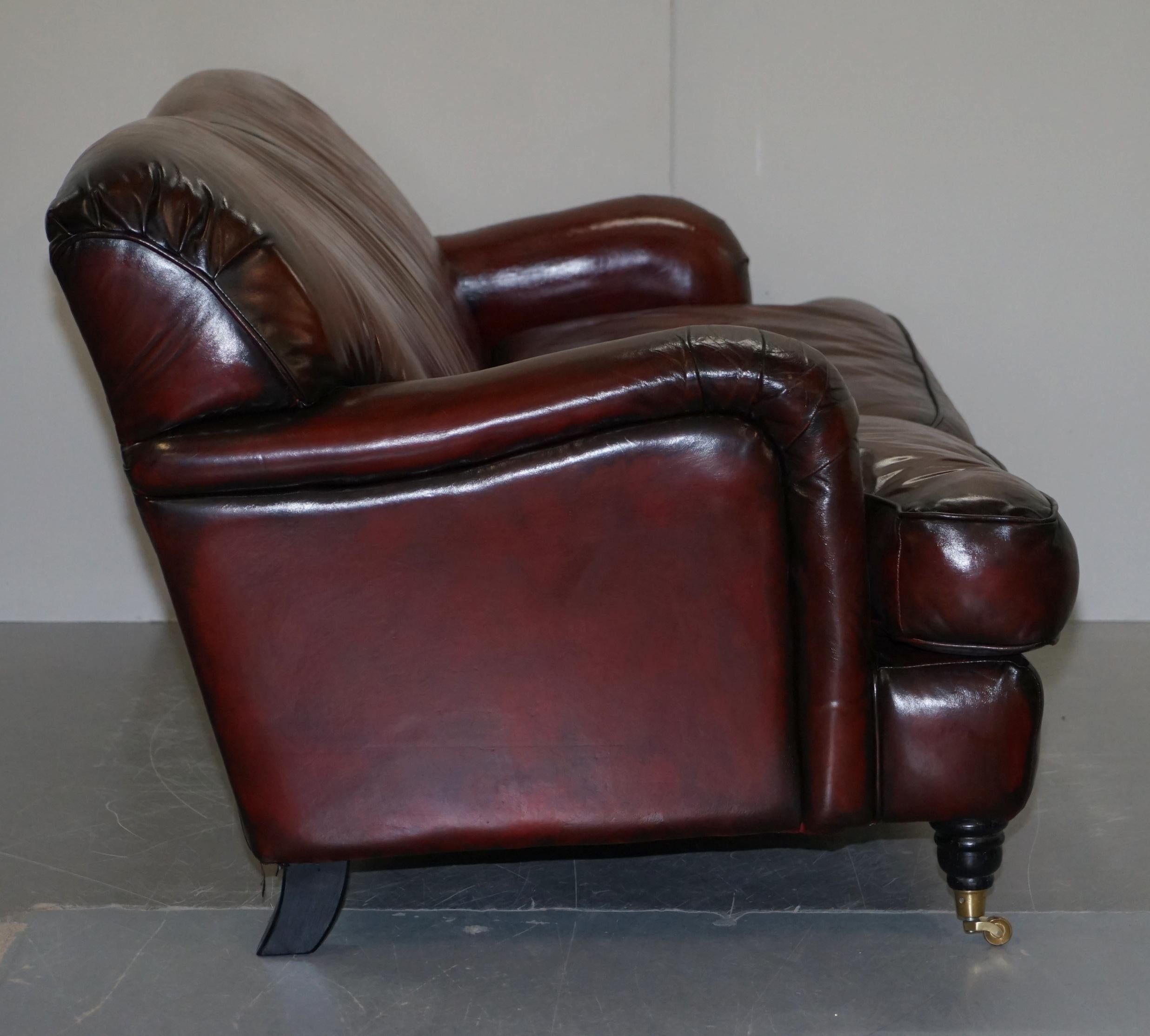 Hand Dyed Restored Bordeaux Reddish Brown Leather Howard & Son's Style Sofa For Sale 7