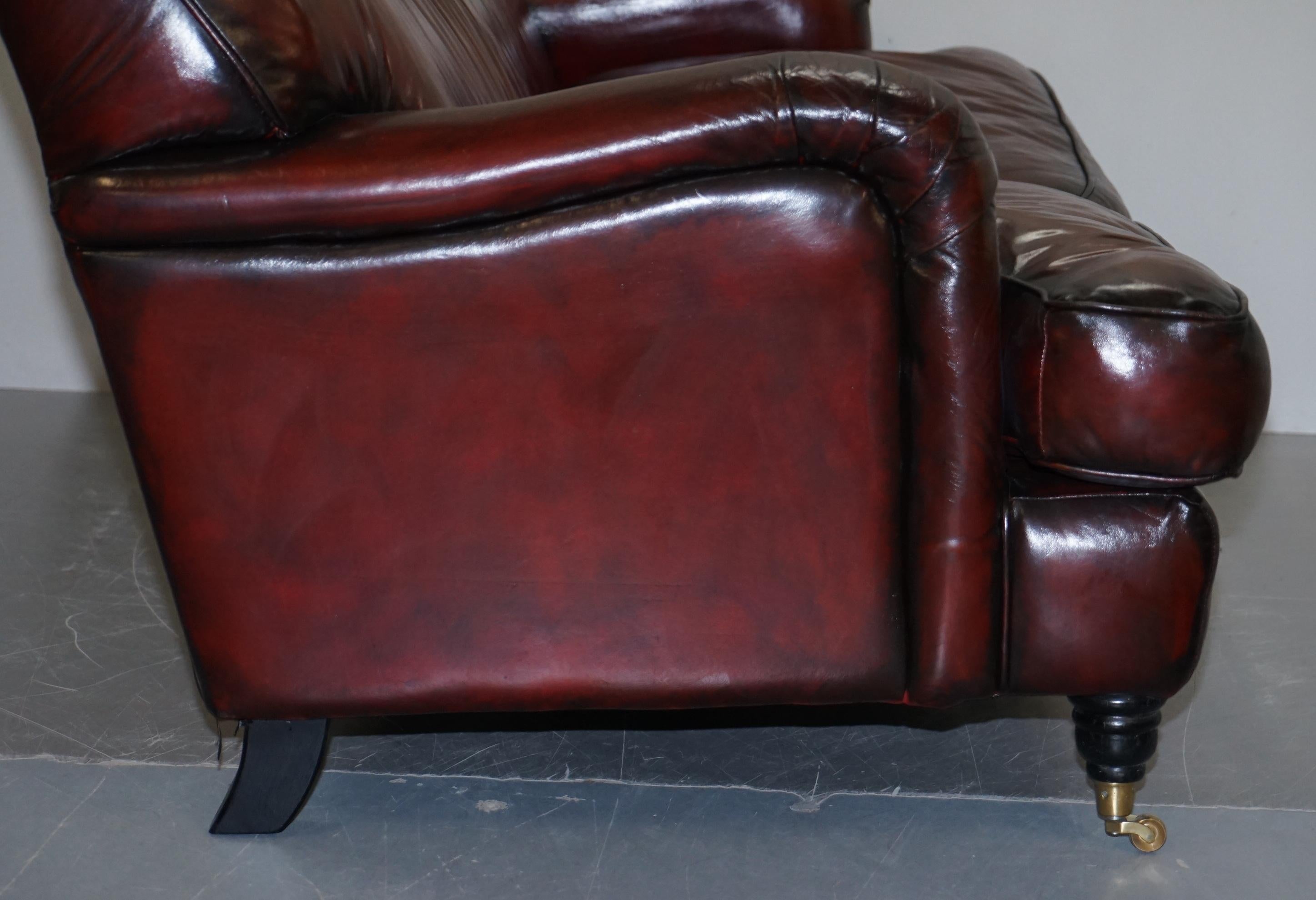 Hand Dyed Restored Bordeaux Reddish Brown Leather Howard & Son's Style Sofa For Sale 8