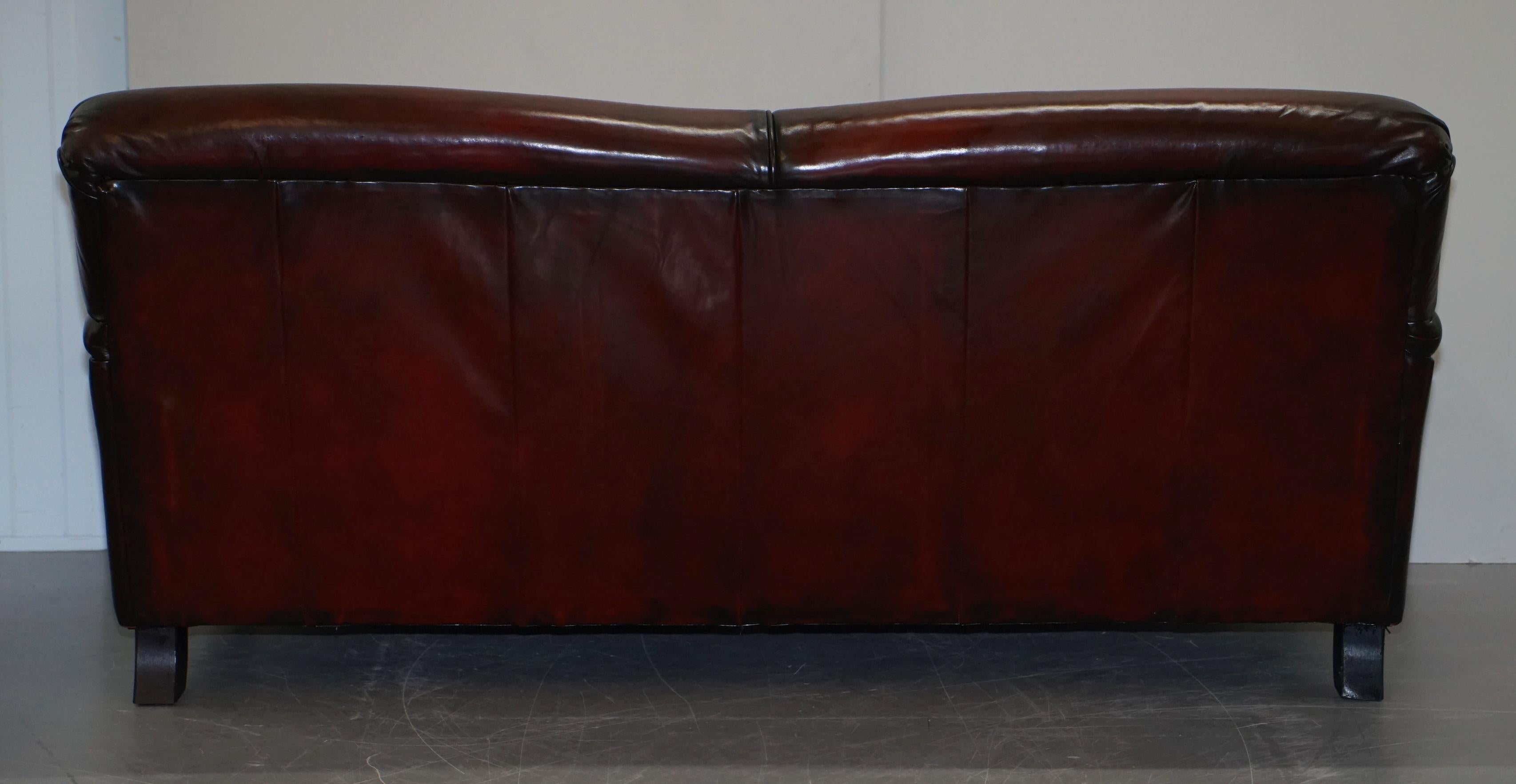 Hand Dyed Restored Bordeaux Reddish Brown Leather Howard & Son's Style Sofa For Sale 9